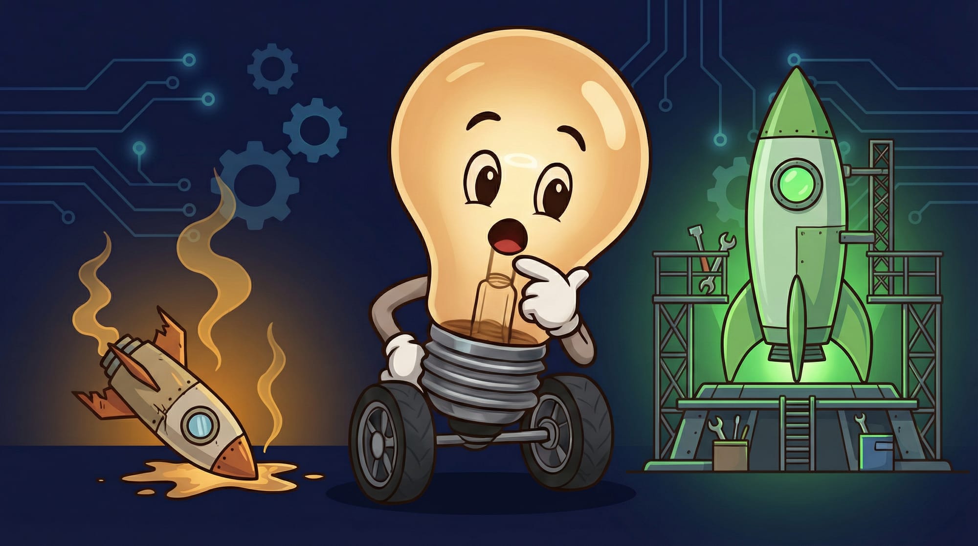 Flick the lightbulb mascot watches a premature rocket fizzle out while a second improved rocket prepares on a proper launch pad beside it