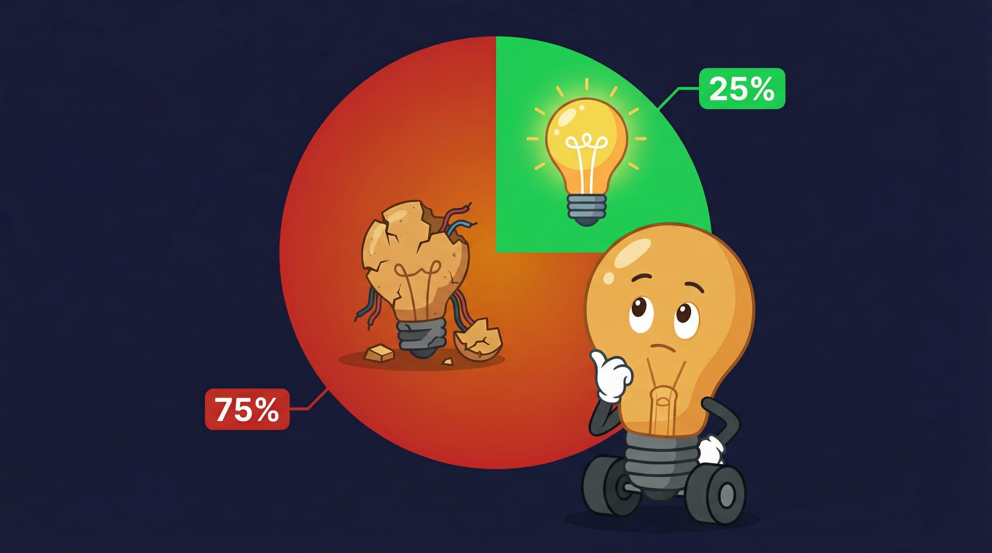 Flick the lightbulb mascot thoughtfully examines a 75/25 pie chart showing that most AI project effort is preparation, not the AI itself