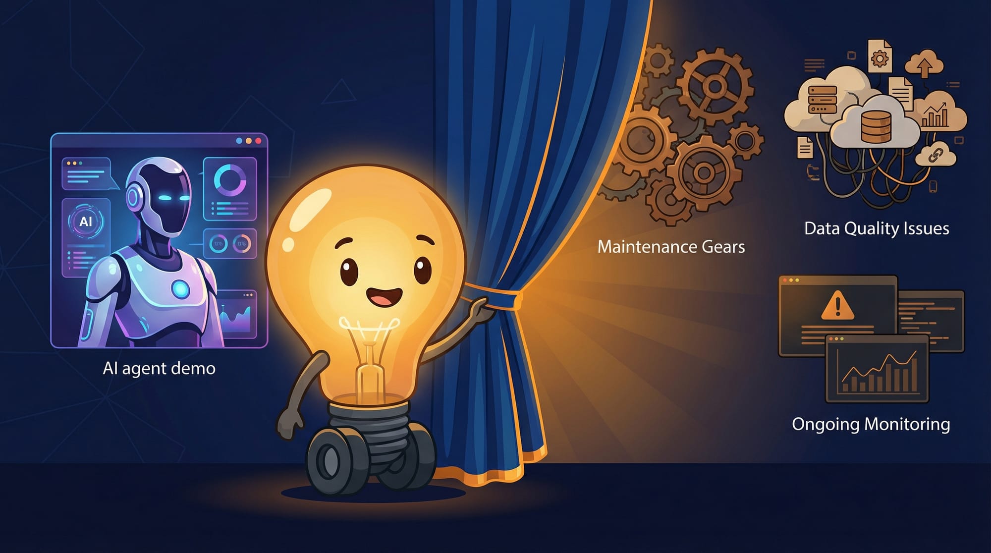 Flick the lightbulb mascot reveals hidden maintenance costs and data quality issues behind a curtain showing a polished AI agent demo