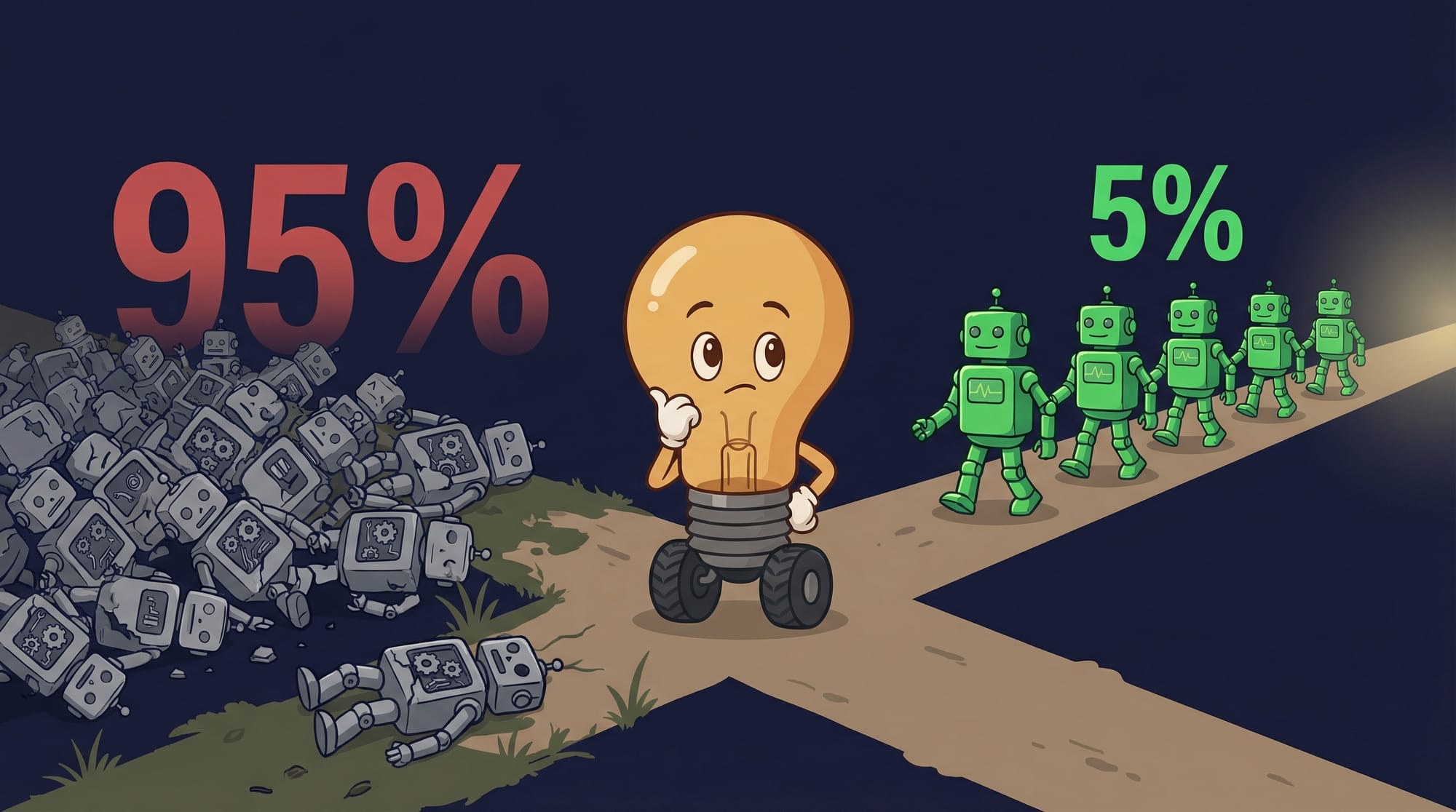Flick the lightbulb mascot stands at a crossroads where 95 faded broken robot agents failed while 5 bright green ones march forward successfully