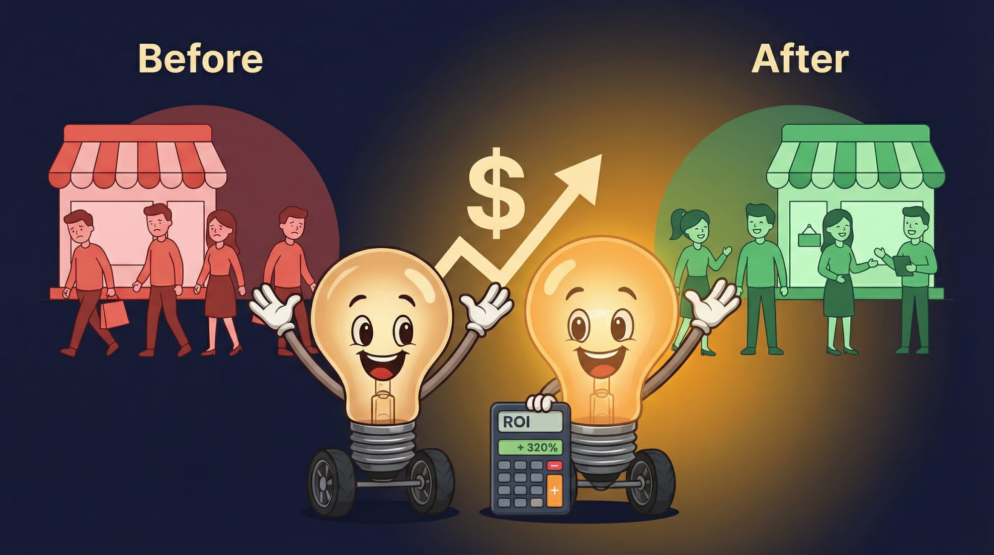 Flick the lightbulb mascot celebrates next to an ROI calculator showing positive returns with customers saved from churning