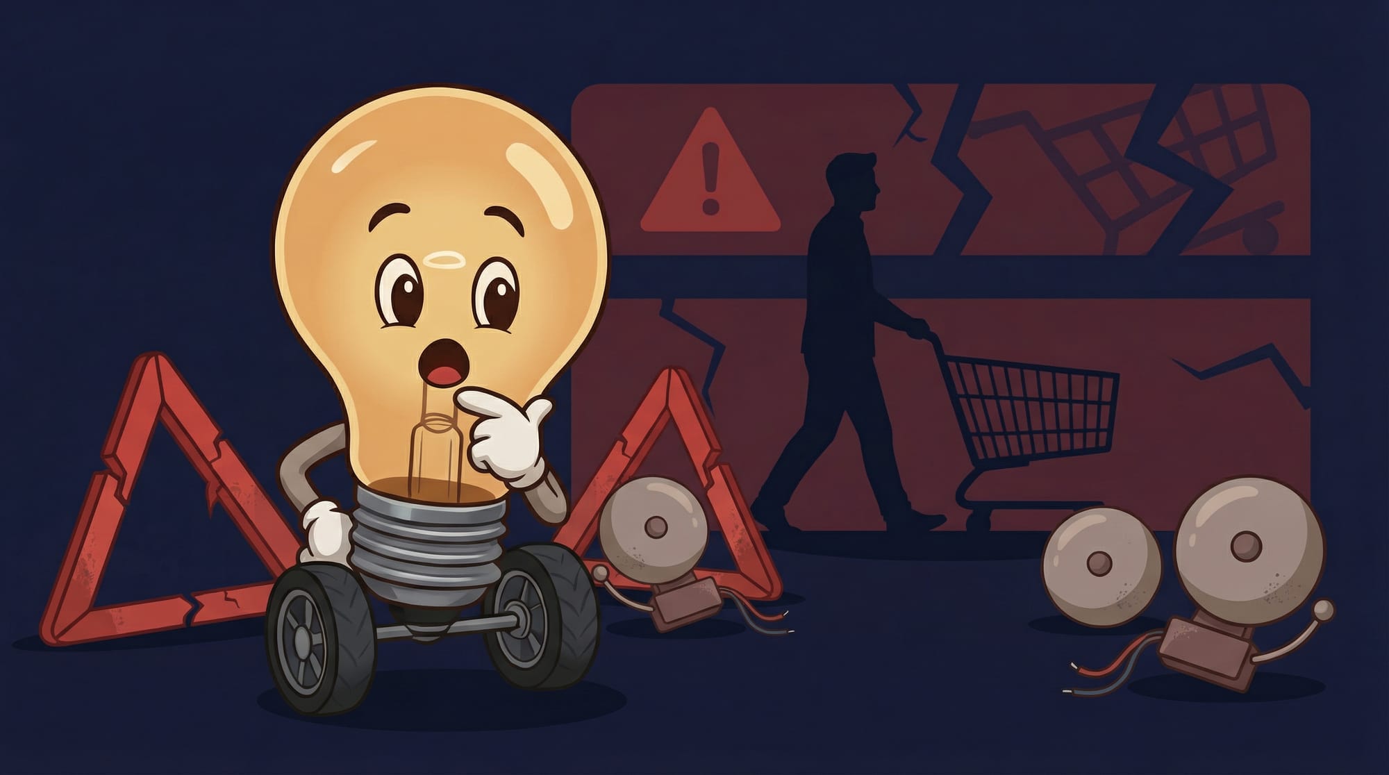 Flick the lightbulb mascot looks surprised at broken warning signs and silent alarm bells as a customer silhouette walks away undetected