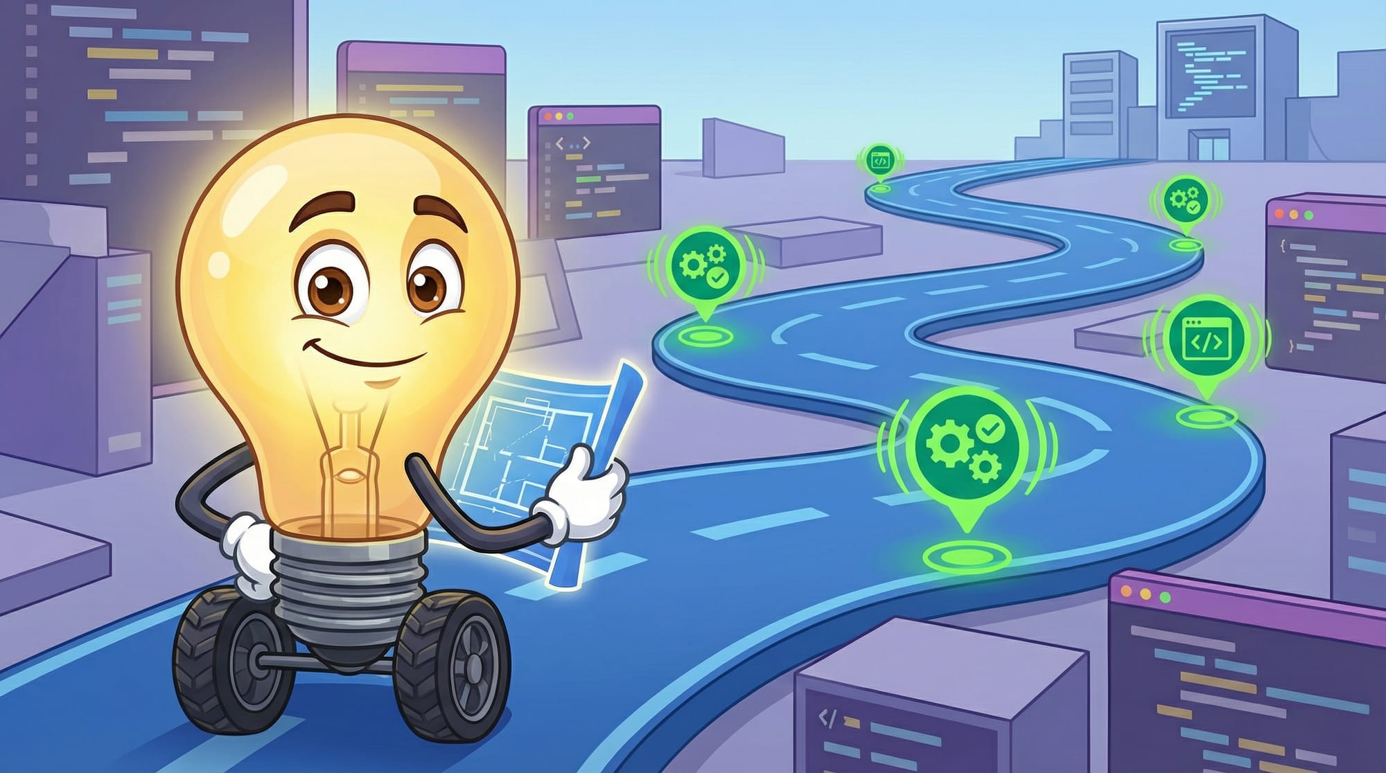 Flick the lightbulb mascot holds a glowing blueprint, standing at a winding blue road with green waypoint nodes ahead.
