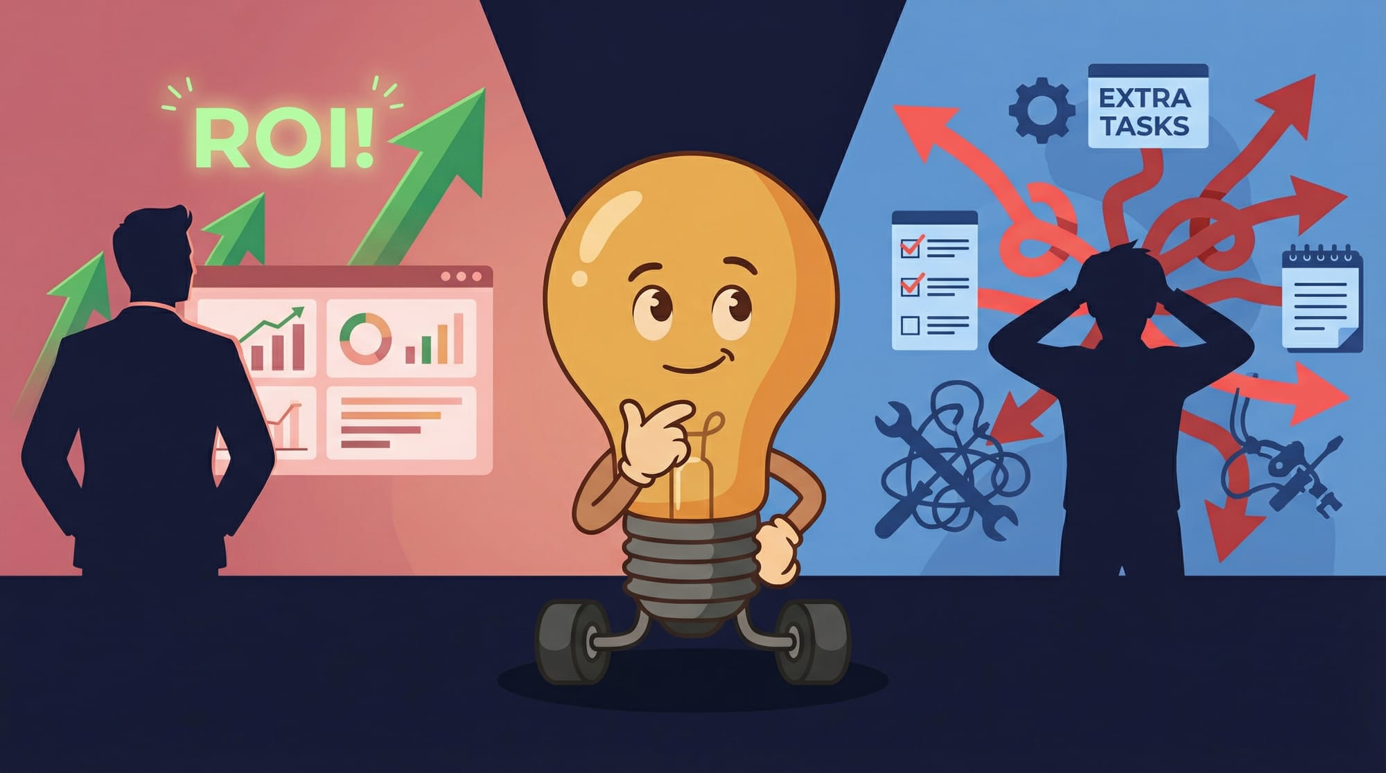 Flick the lightbulb mascot stands between two contrasting views — executive seeing rosy ROI dashboards versus employee seeing chaos and extra complexity