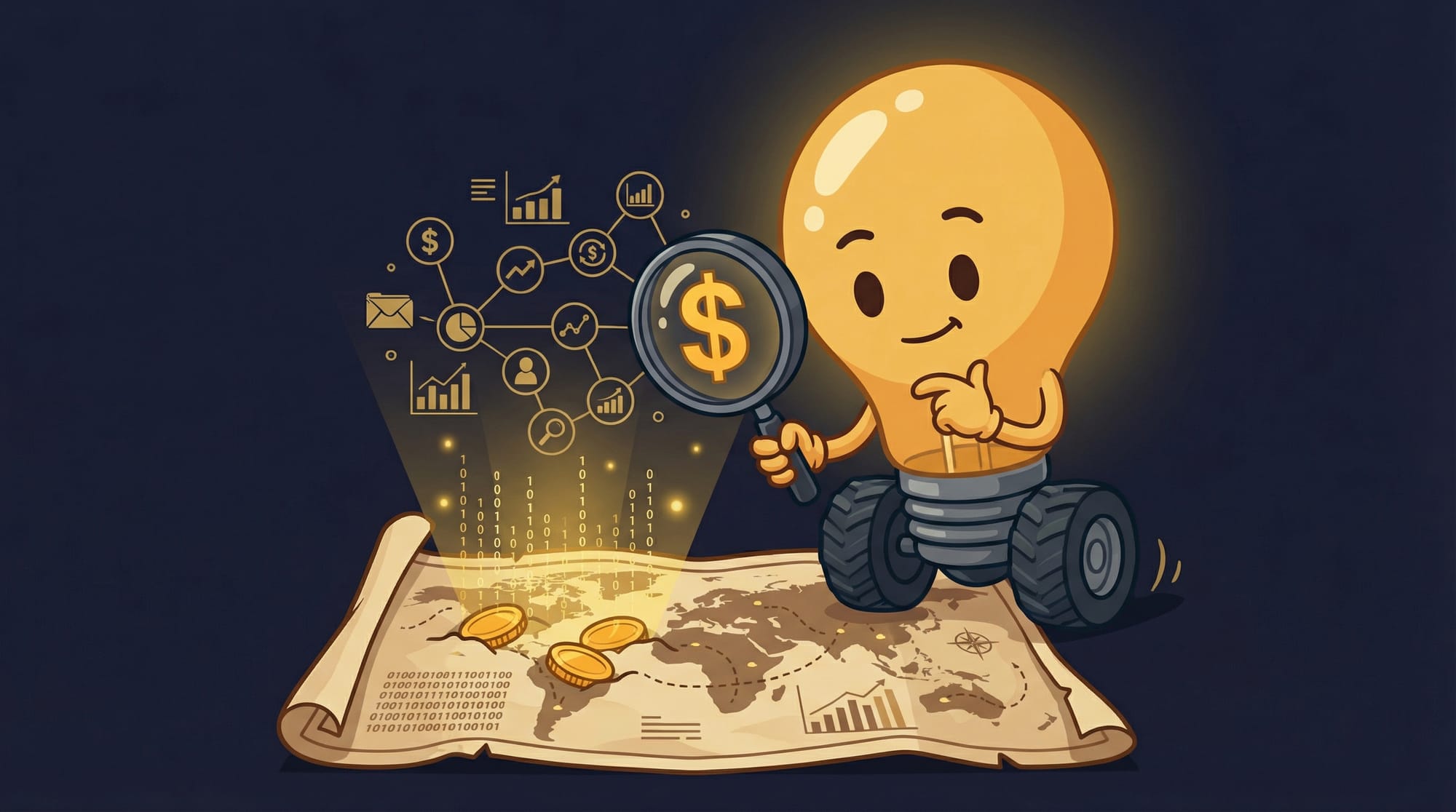 Flick the lightbulb mascot thoughtfully examines a treasure map revealing hidden revenue streams among business data patterns