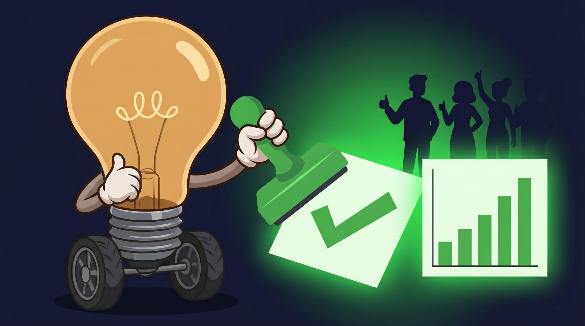 Flick the lightbulb mascot confidently holds a green checkmark stamp next to a validated business idea with positive test results