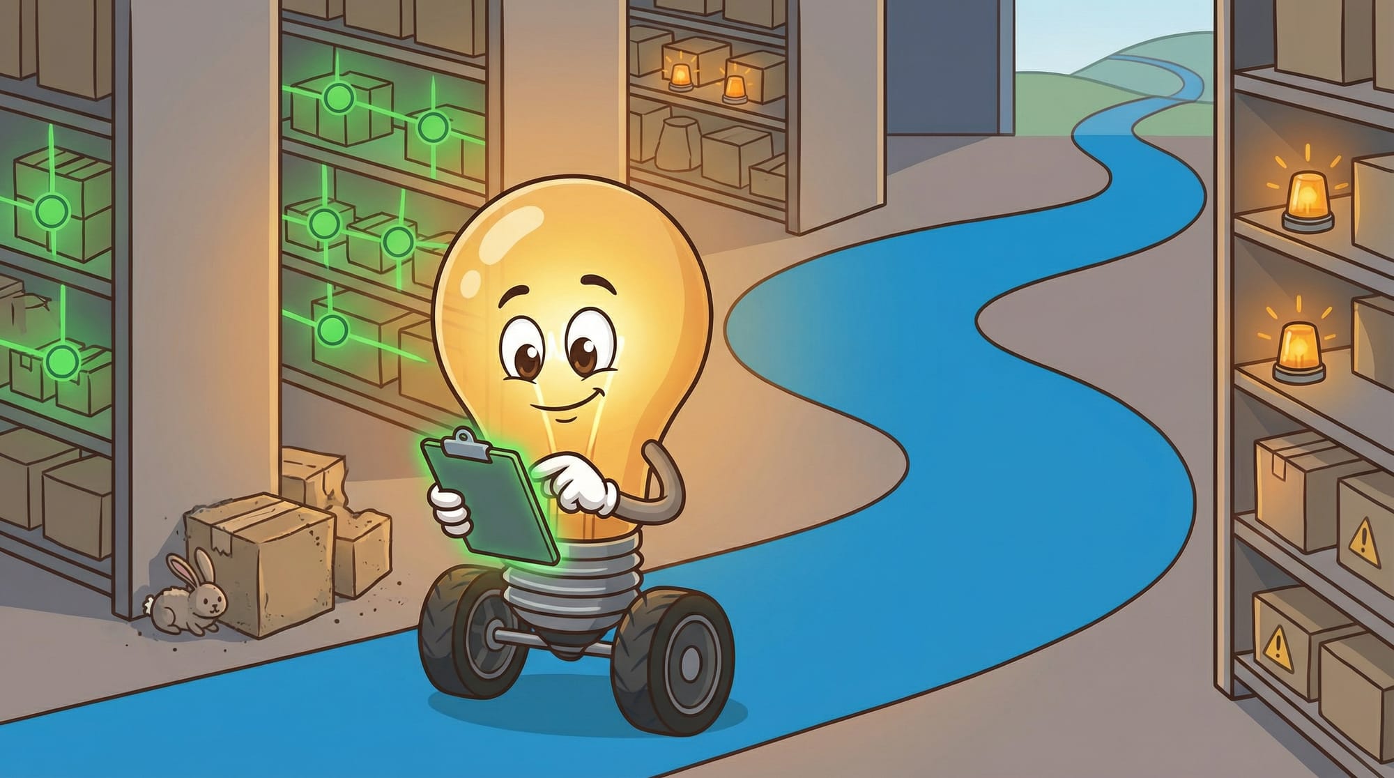 Flick the lightbulb mascot rolls along a winding blue road through a warehouse, clutching a clipboard while scanning shelv...