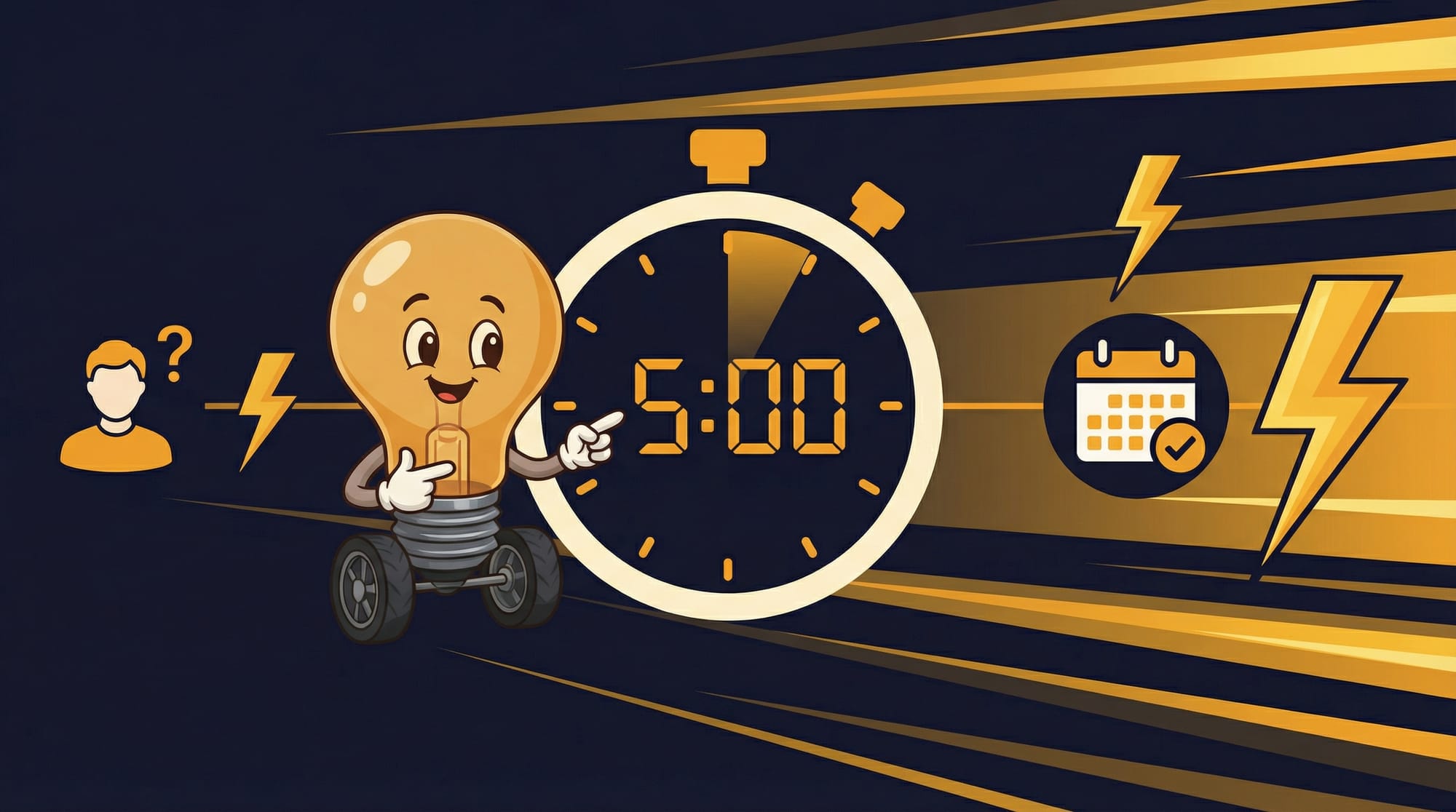Flick the lightbulb mascot confidently points at a 5-minute stopwatch showing the critical speed-to-lead response window