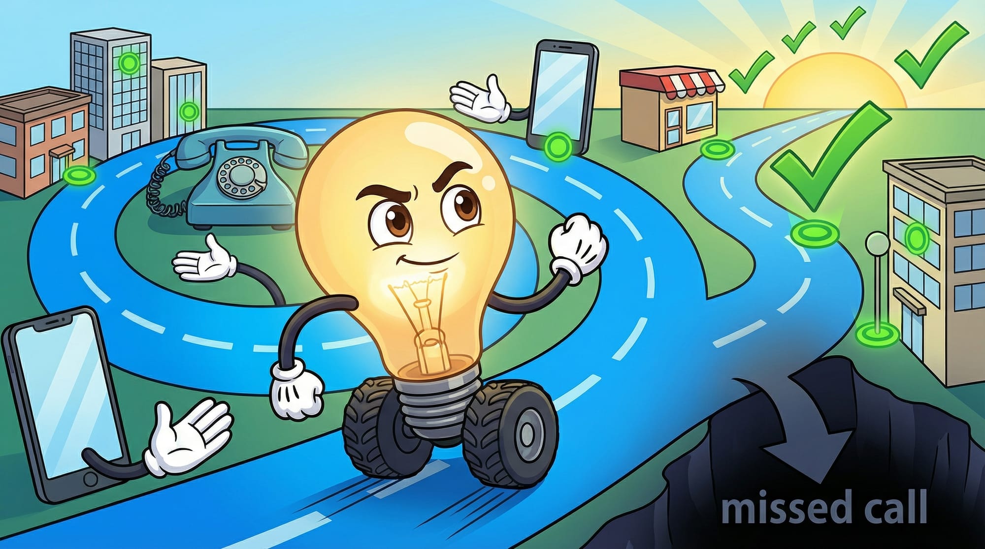 Flick the lightbulb mascot rolls eagerly along a blue winding road past vintage phones and smartphones, gloved hands gestu...