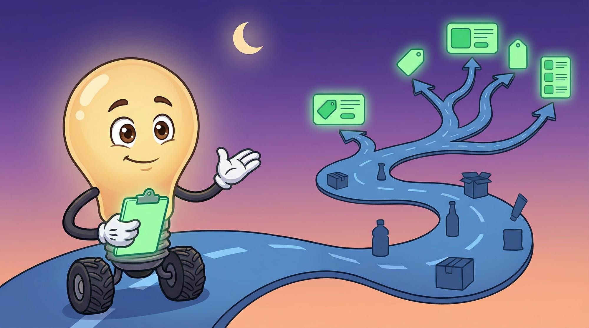 Flick the lightbulb mascot holds a glowing clipboard, gesturing confidently toward branching paths with floating product t...