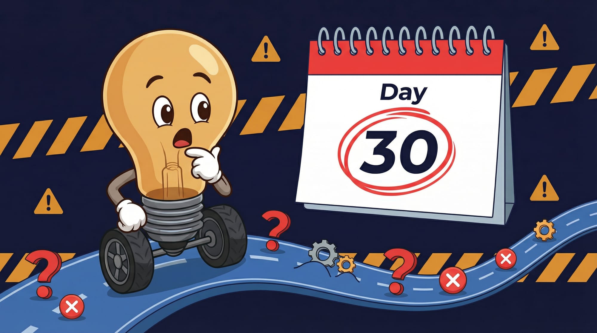 Flick the lightbulb mascot looks surprised at obstacles on a 30-day calendar road but navigates around them on the blue path