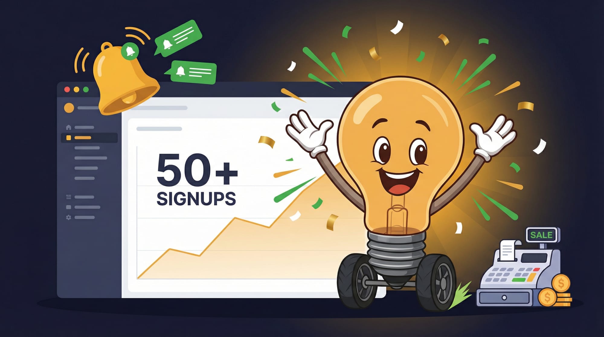 Flick the lightbulb mascot celebrates next to a signup dashboard showing 50+ registrations and a cash register with the first sale