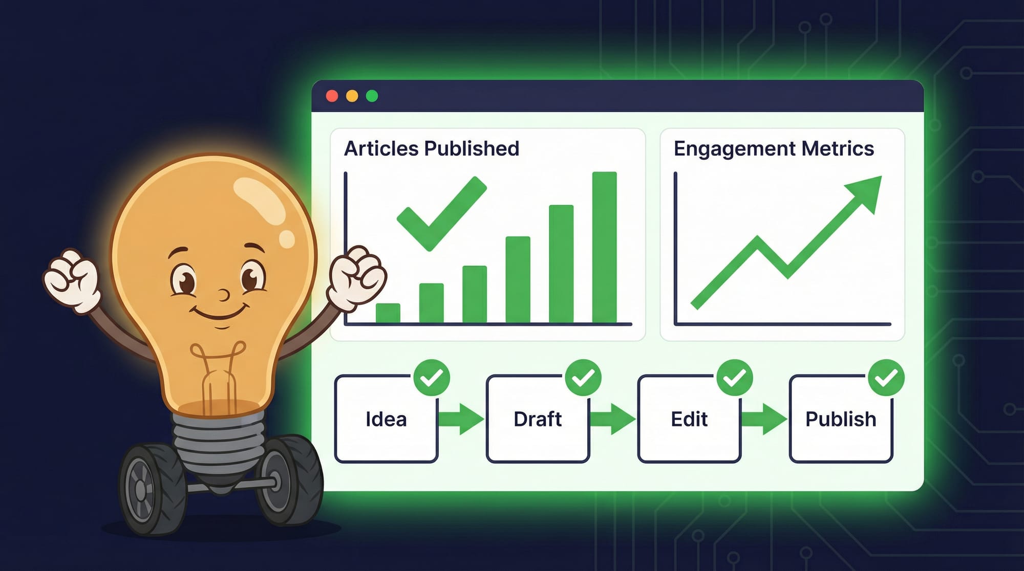 Flick the lightbulb mascot celebrates a smooth content production pipeline showing idea to draft to edit to publish with green checkmarks