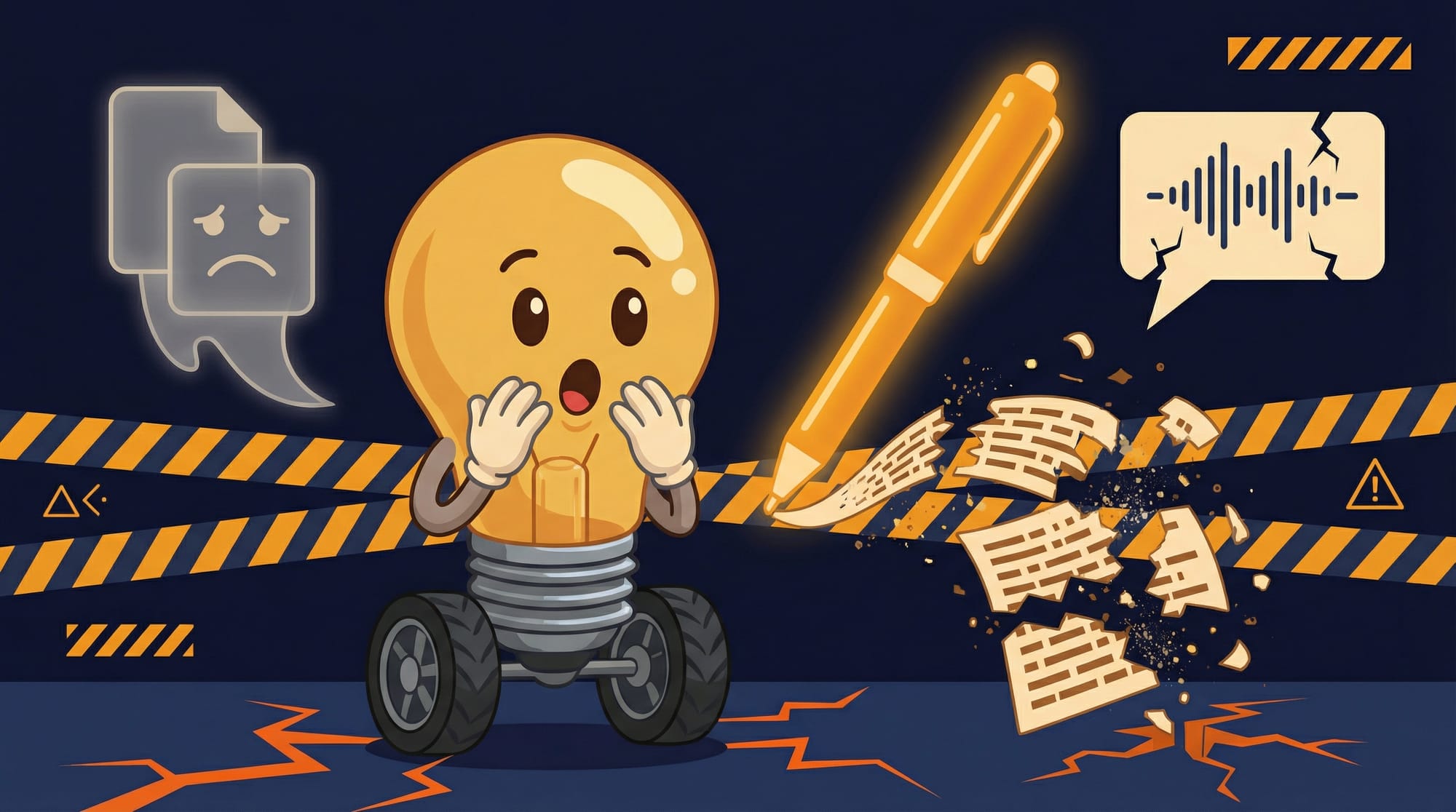 Flick the lightbulb mascot looks surprised as an AI writing pen produces crumbling generic text with a robotic speech bubble