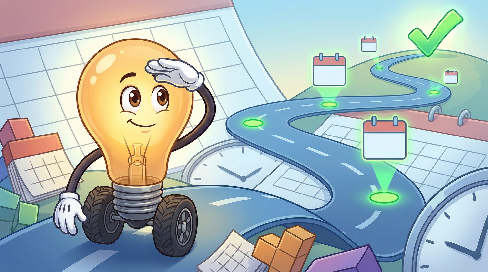 Flick the lightbulb mascot shields his eyes with a gloved hand, surveying a winding blue road through oversized calendars ...