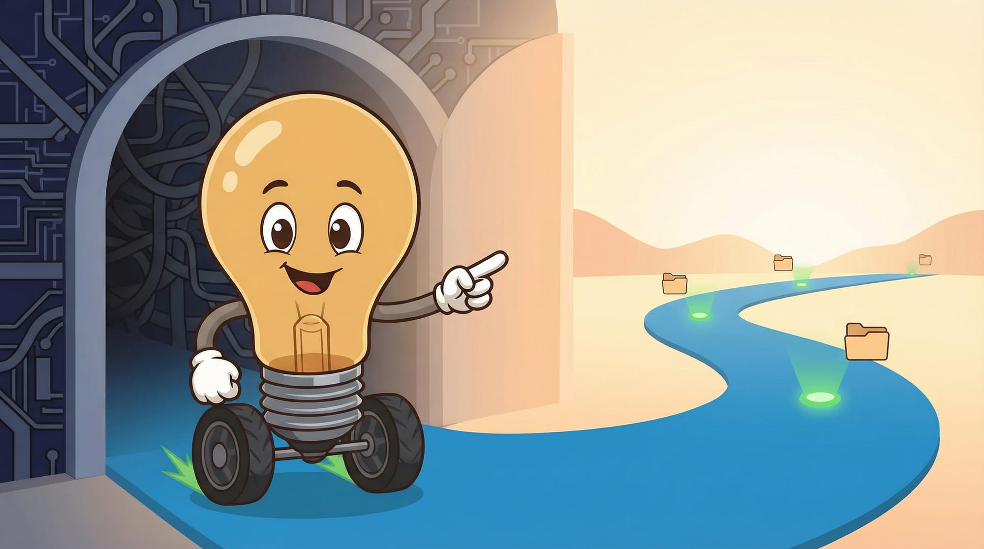 Flick the lightbulb mascot gestures welcomingly at a doorway, rolling from tangled technical paths onto a simple blue road...
