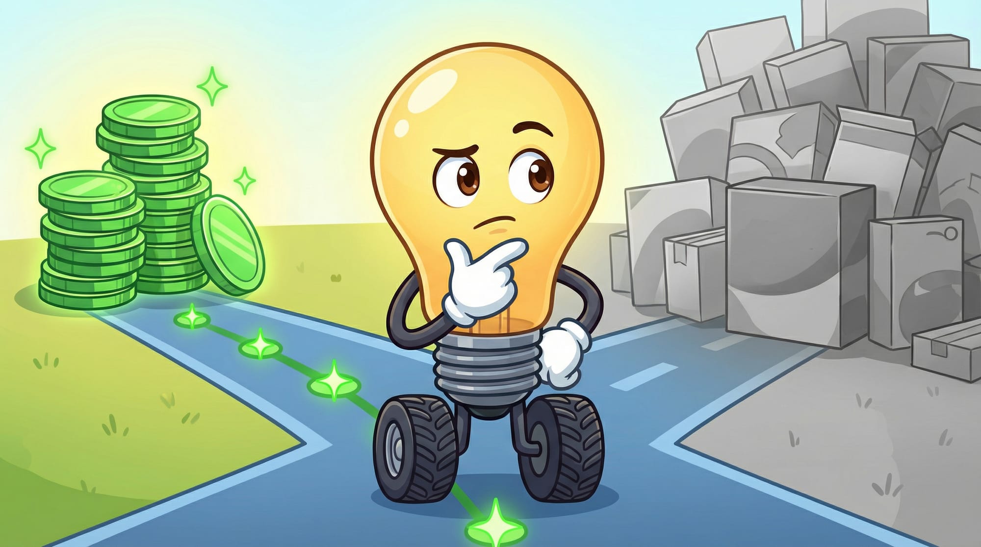 Flick the lightbulb mascot weighs two paths at a crossroads—one with affordable green coins, another with pricey gray soft...