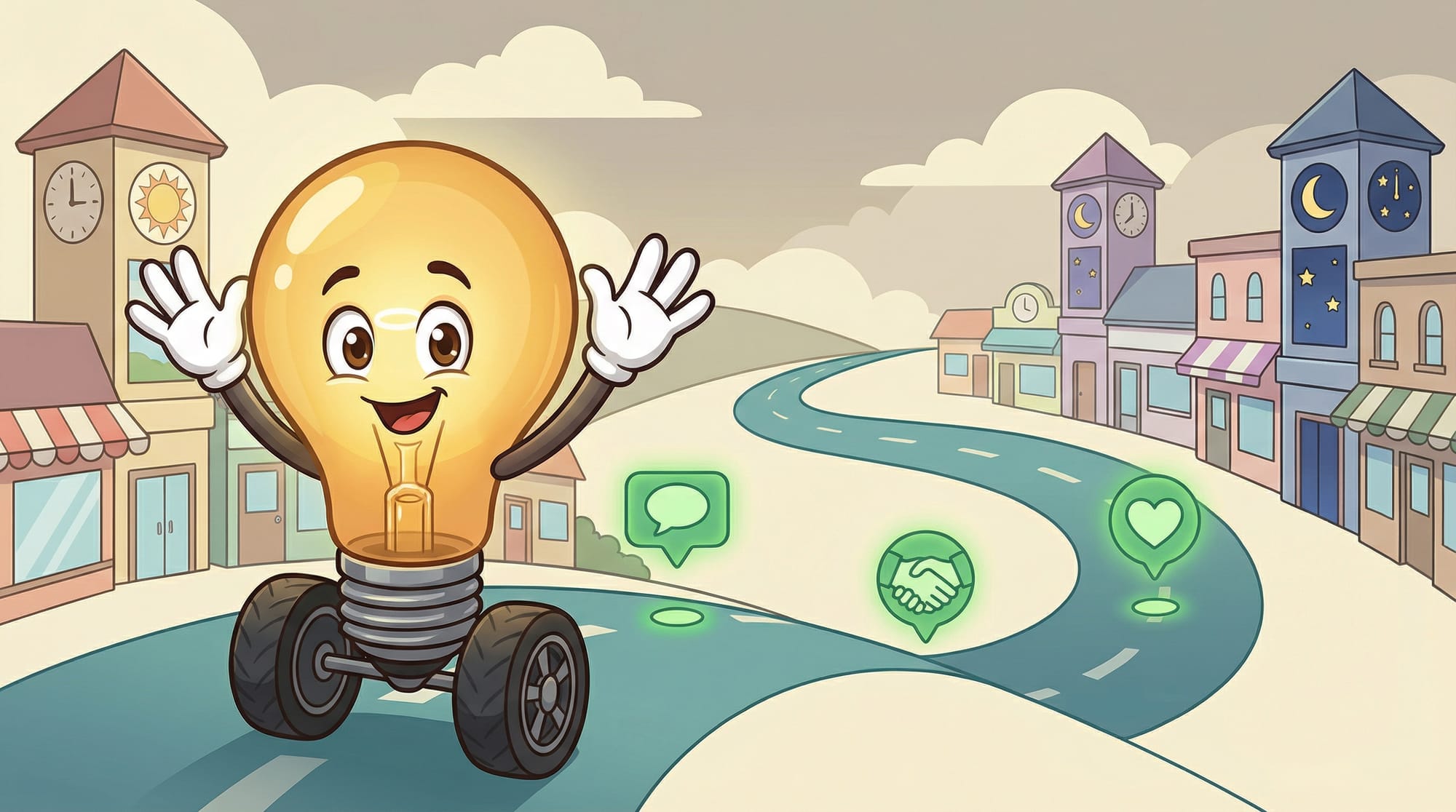 Flick the lightbulb mascot rolls excitedly at the start of a winding road past storefronts, gloved hands raised in a welco...