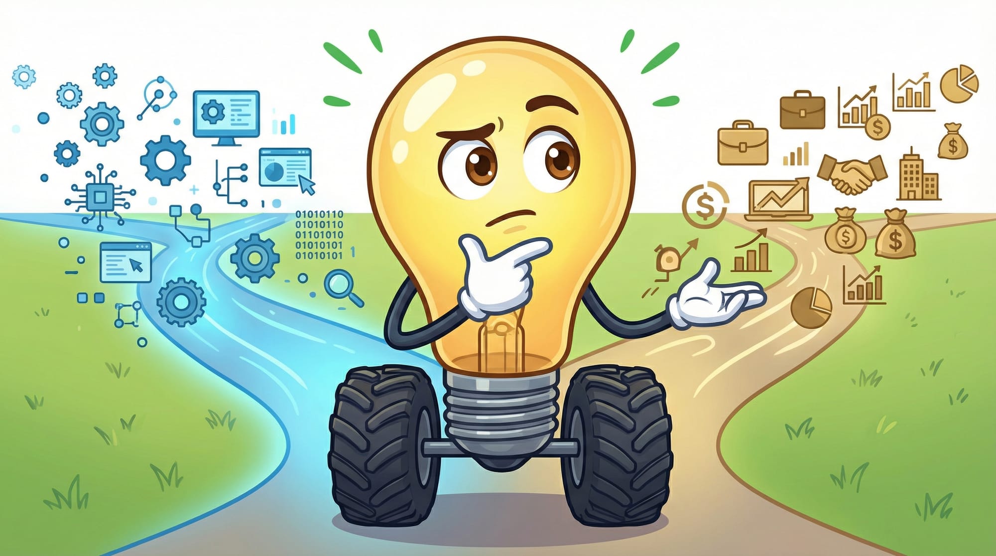 Flick the lightbulb mascot pauses at a crossroads, hand on chin, weighing two paths: one with tech symbols, one with busin...