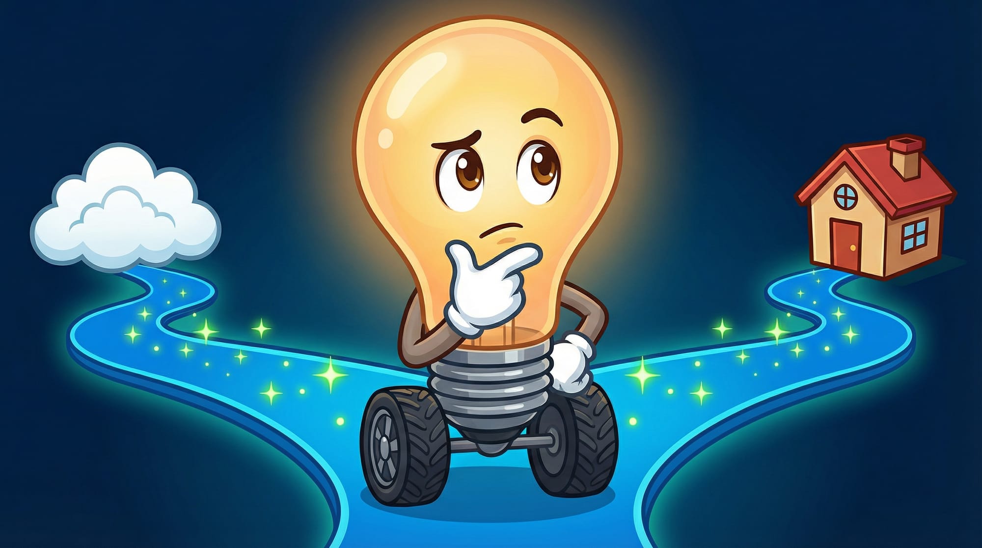 Flick the lightbulb mascot stands at a glowing crossroads, hand on chin, eyebrows raised, choosing between cloud and local...