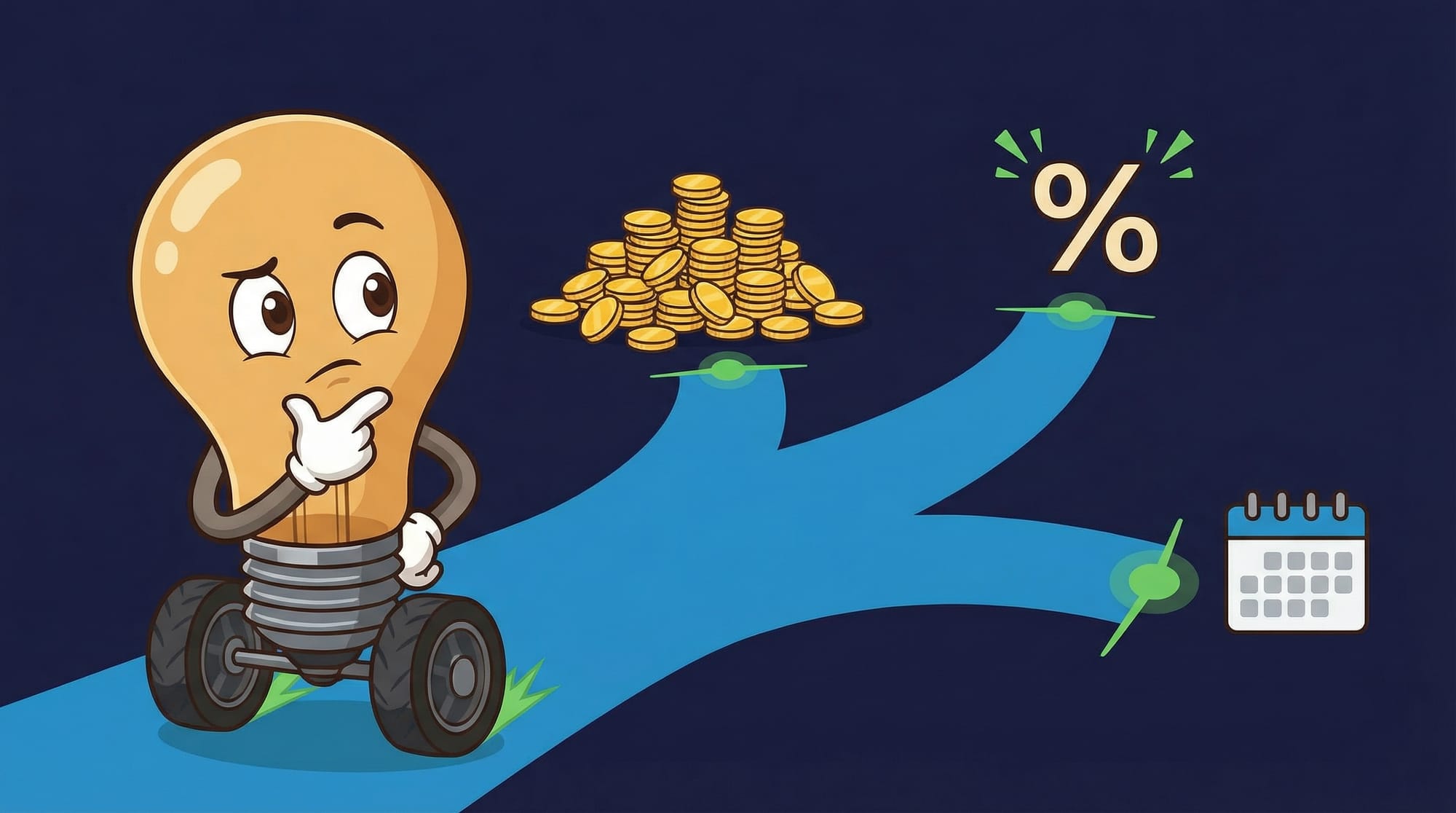 Flick the lightbulb mascot pauses at a three-way junction, gloved hand on chin, eyeing paths leading to golden coins, a pe...