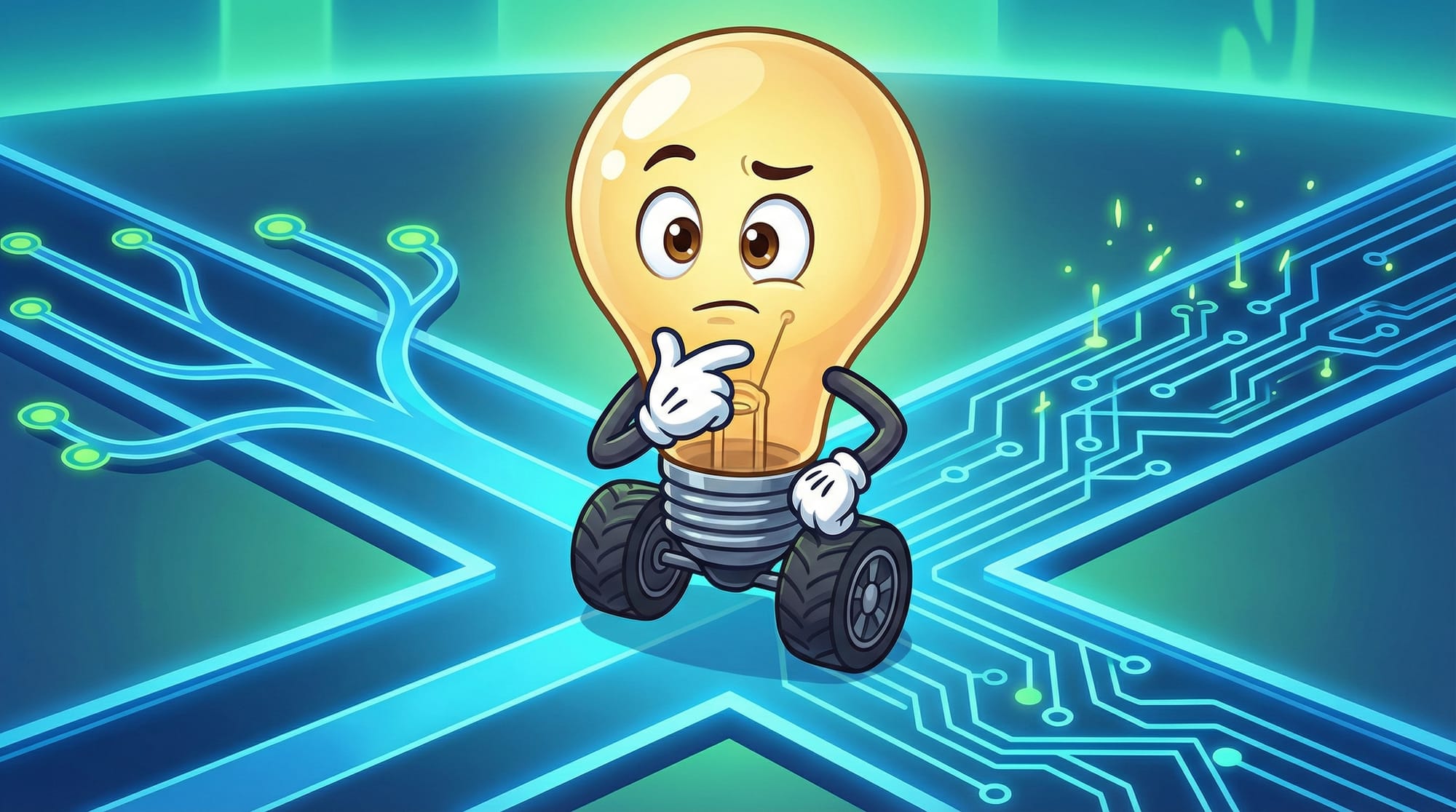 Flick the lightbulb mascot stands at a glowing crossroads, hand on chin, brown eyes darting between three branching blue p...