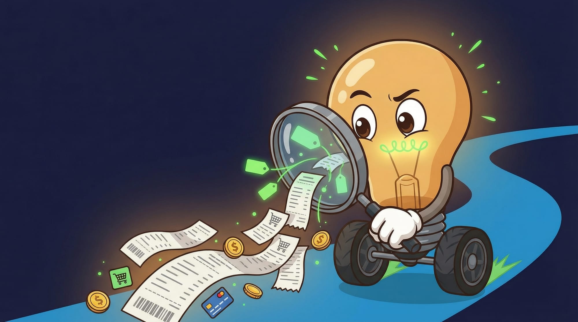 Flick the lightbulb mascot examines floating receipts with a magnifying glass, revealing green category tags as green spar...