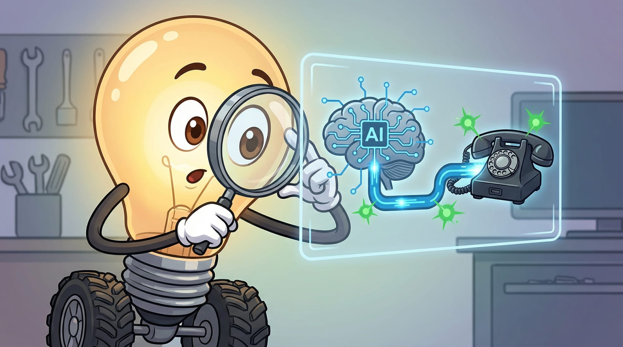 Flick the lightbulb mascot examines a holographic AI brain and phone connection with a magnifying glass, leaning forward i...
