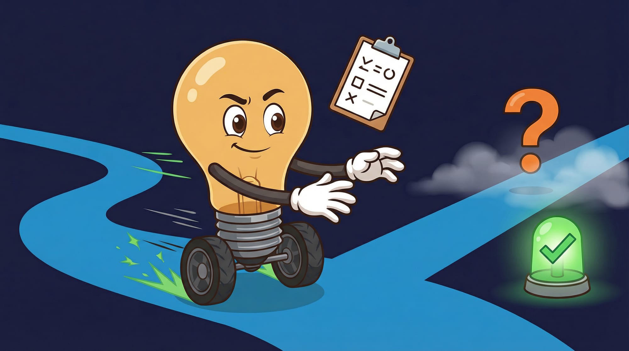 Flick the lightbulb mascot races toward a fork in the road, gloved hands stretched forward, choosing between a green check...