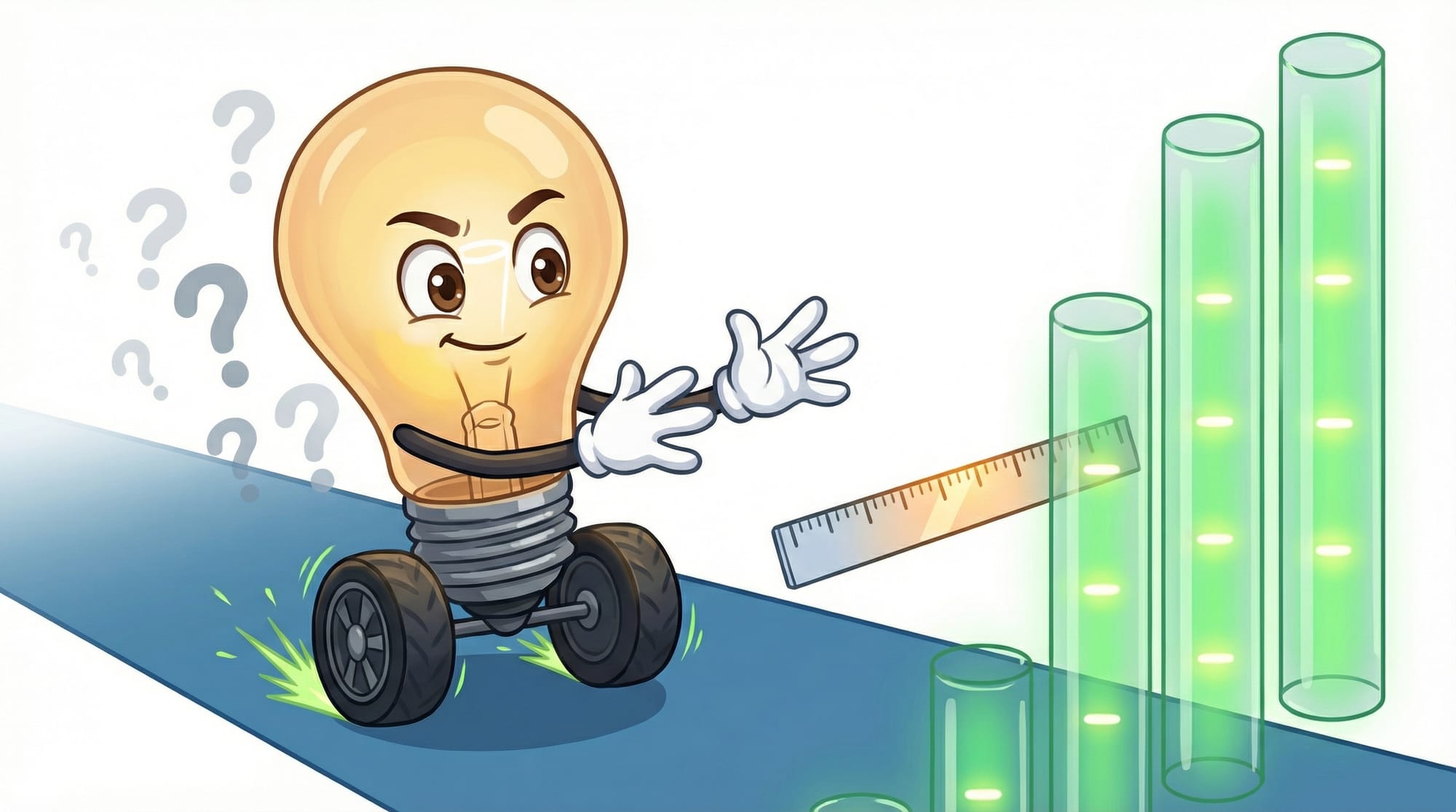 Flick the lightbulb mascot races on wheels toward a glowing glass bar chart, white-gloved hands outstretched, eyes focused...