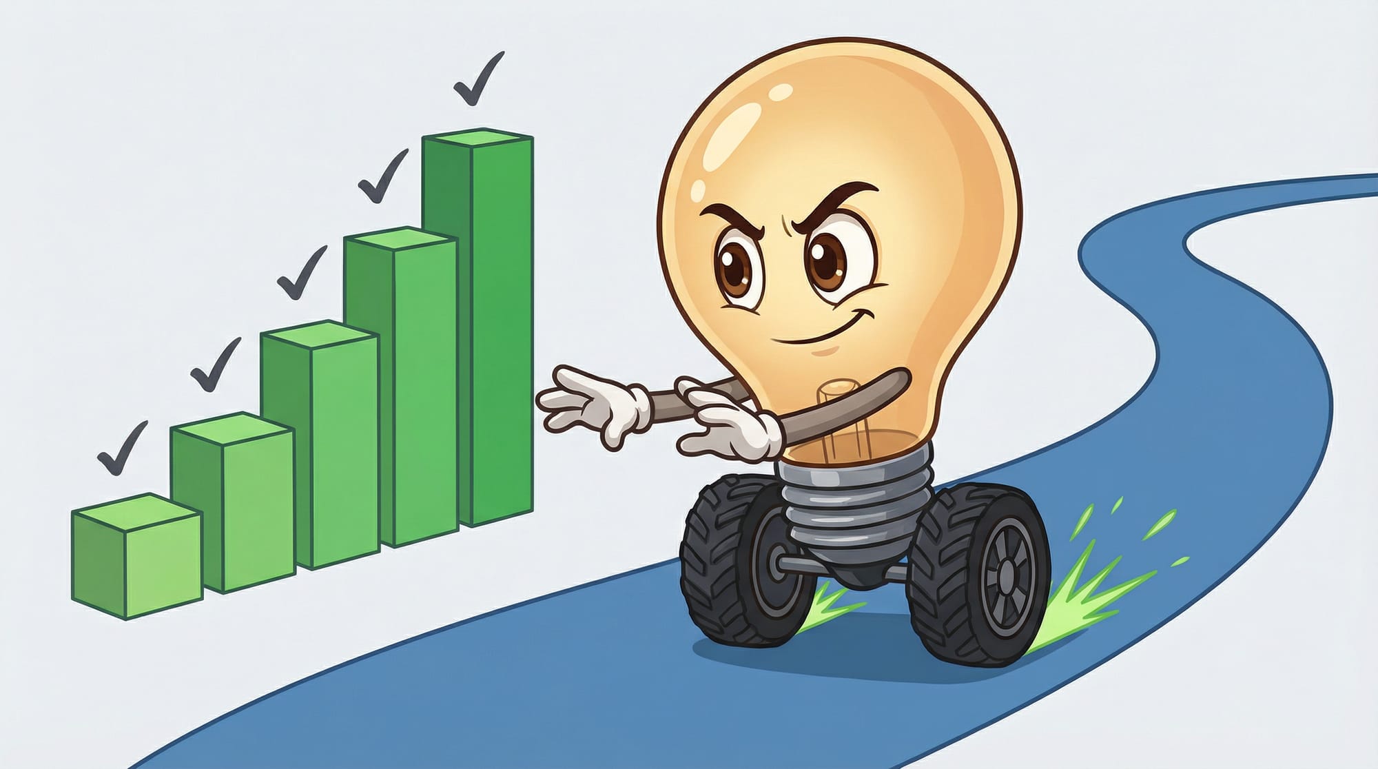 Flick the lightbulb mascot speeds forward on wheels, white-gloved hands reaching toward a rising green bar chart with chec...