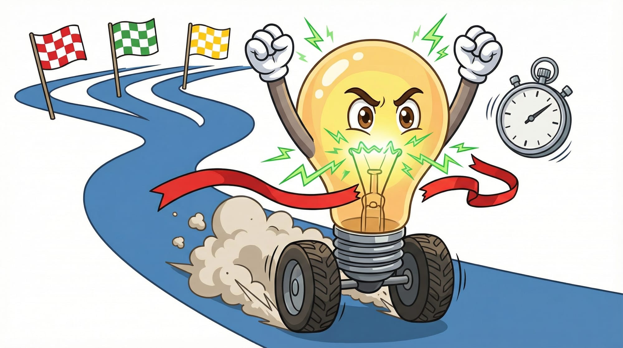 Flick the lightbulb mascot bursts through a finish line ribbon with arms raised victoriously, racing on chunky wheels past...