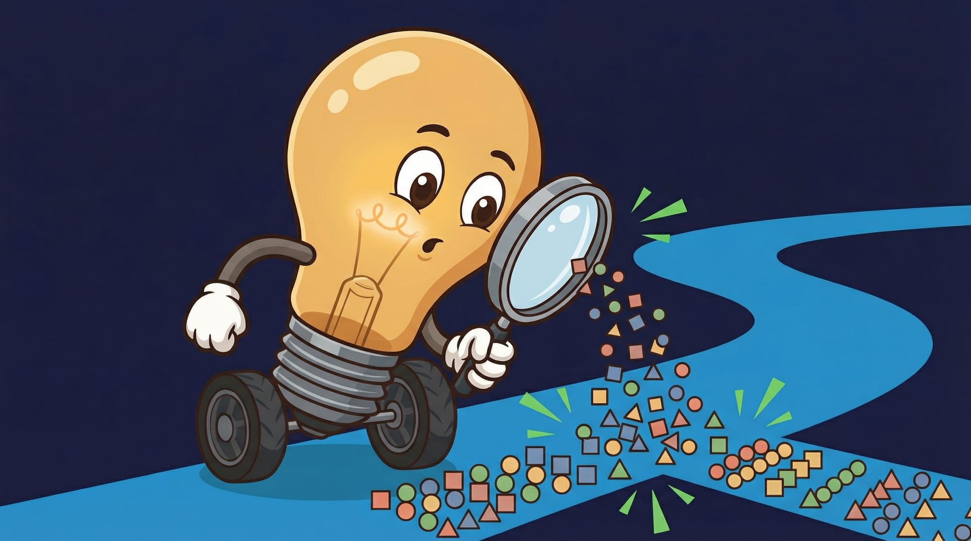 Flick the lightbulb mascot leans forward on wheels, examining floating geometric shapes with a magnifying glass as they so...