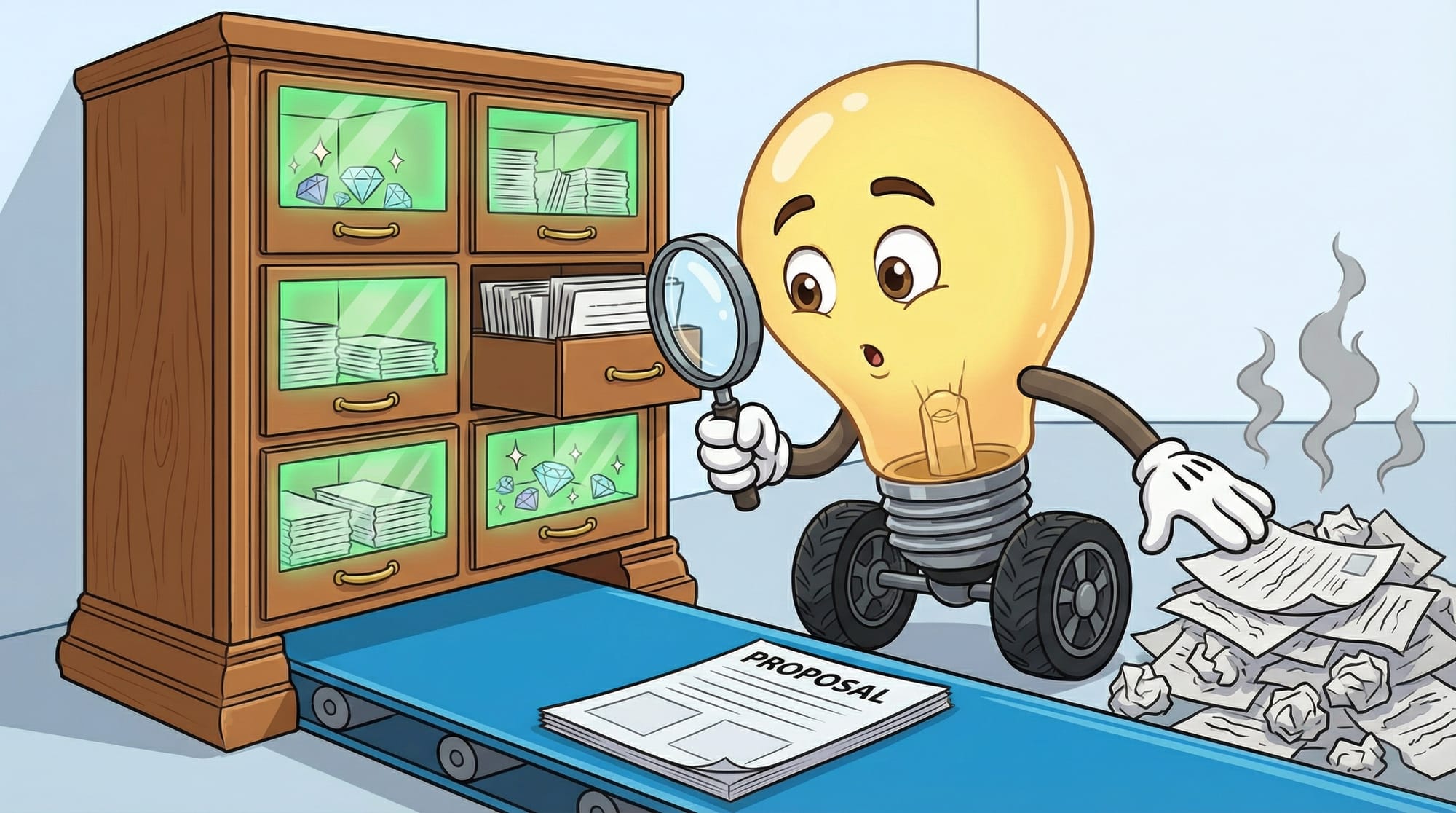 Flick the lightbulb mascot examines a glowing filing cabinet with a magnifying glass, curious expression with raised eyebr...