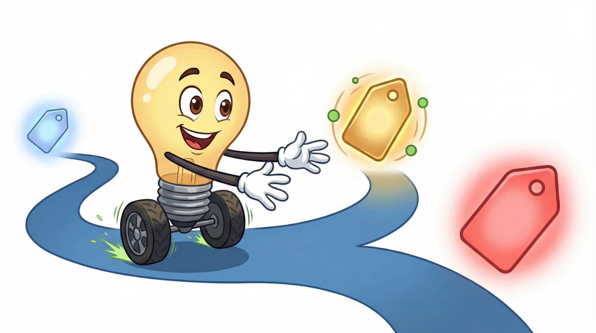 Flick the lightbulb mascot races excitedly along a branching blue path, reaching toward a glowing medium price tag with ea...