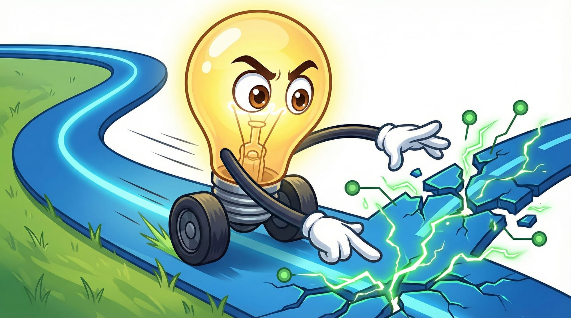 Flick the lightbulb mascot races forward with focused eyes, reaching toward a sparking fractured code path while analyzing...