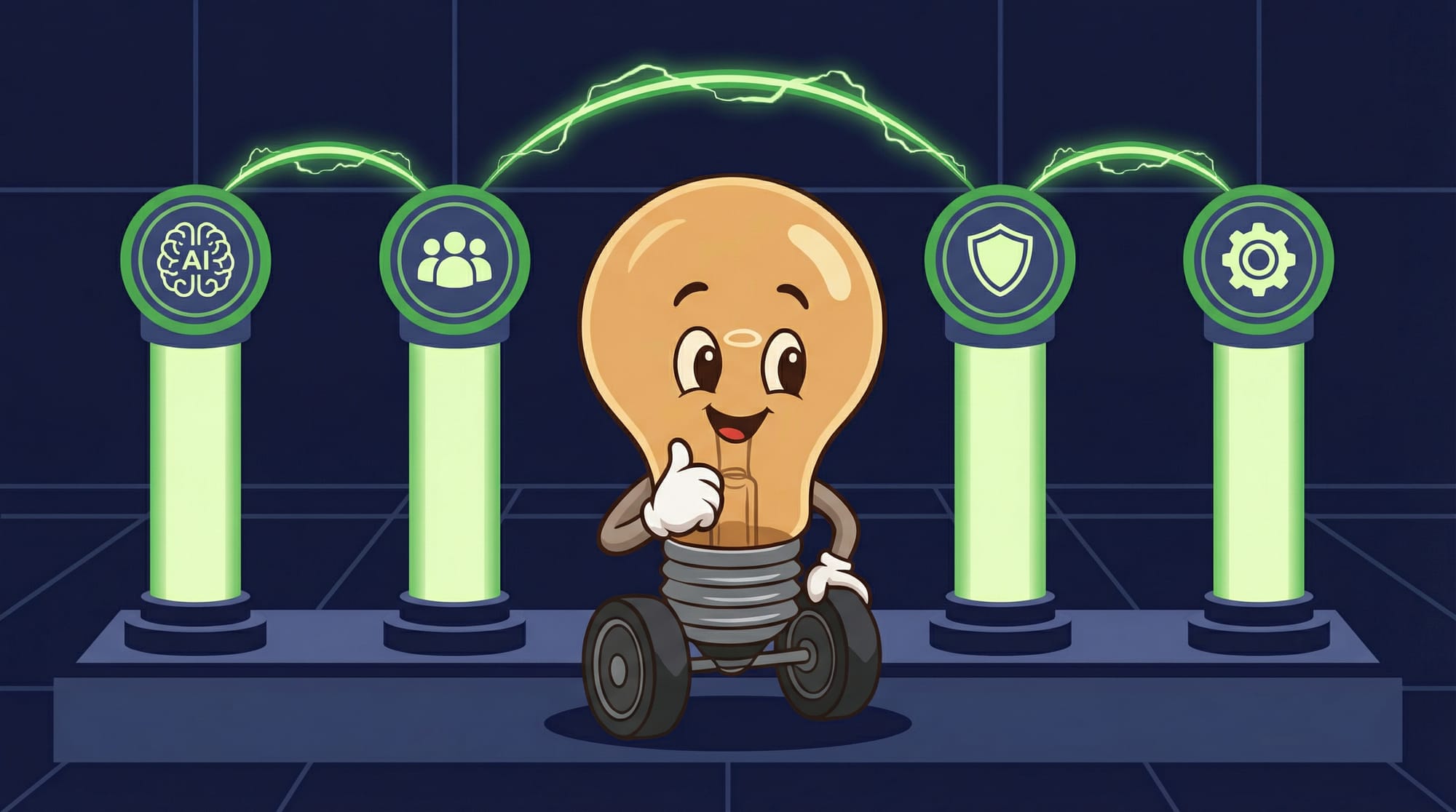 Flick the lightbulb mascot confidently presents four glowing pillars with AI, people, shield, and gear icons forming a transformation framework