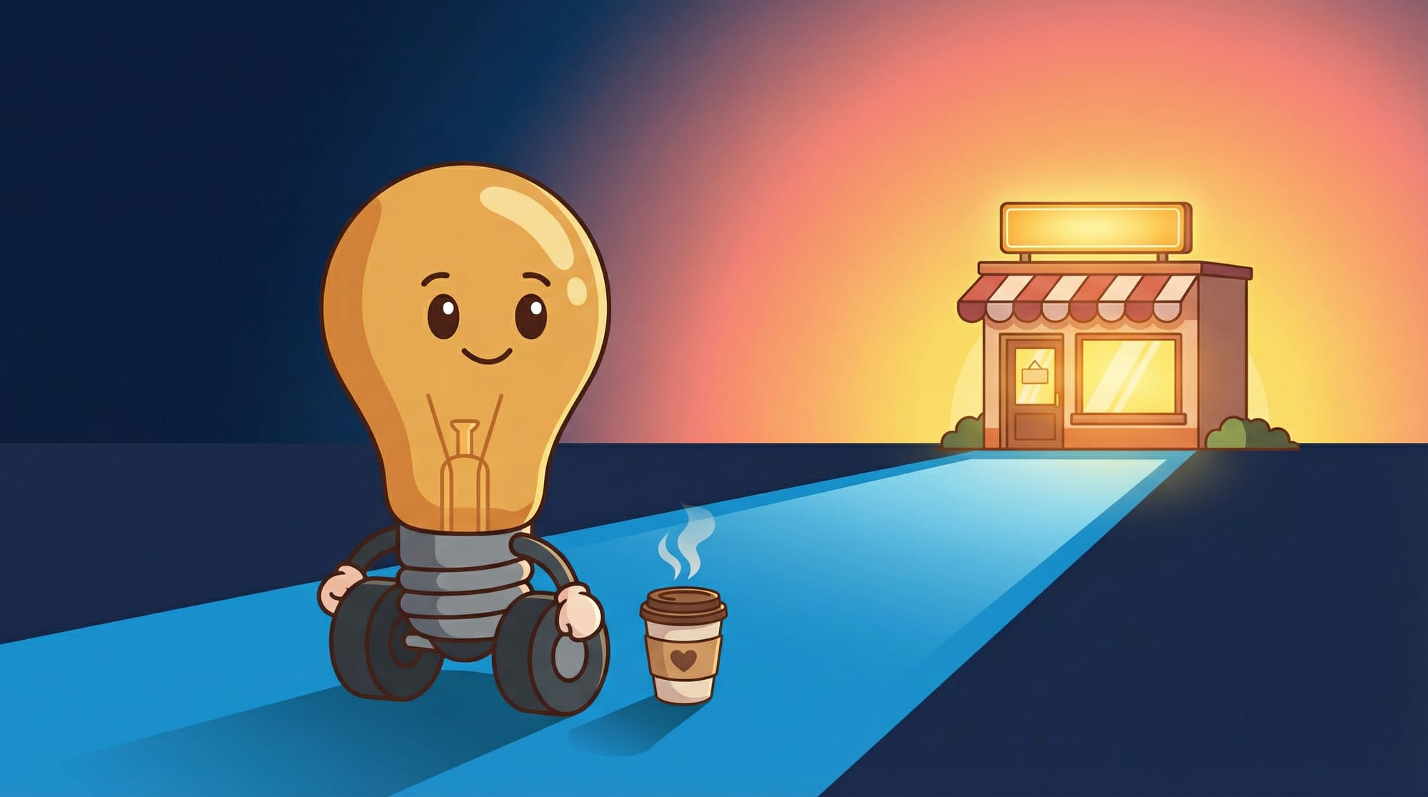 Flick the lightbulb mascot rolls forward at dawn on a blue road toward a small business storefront lighting up with golden glow
