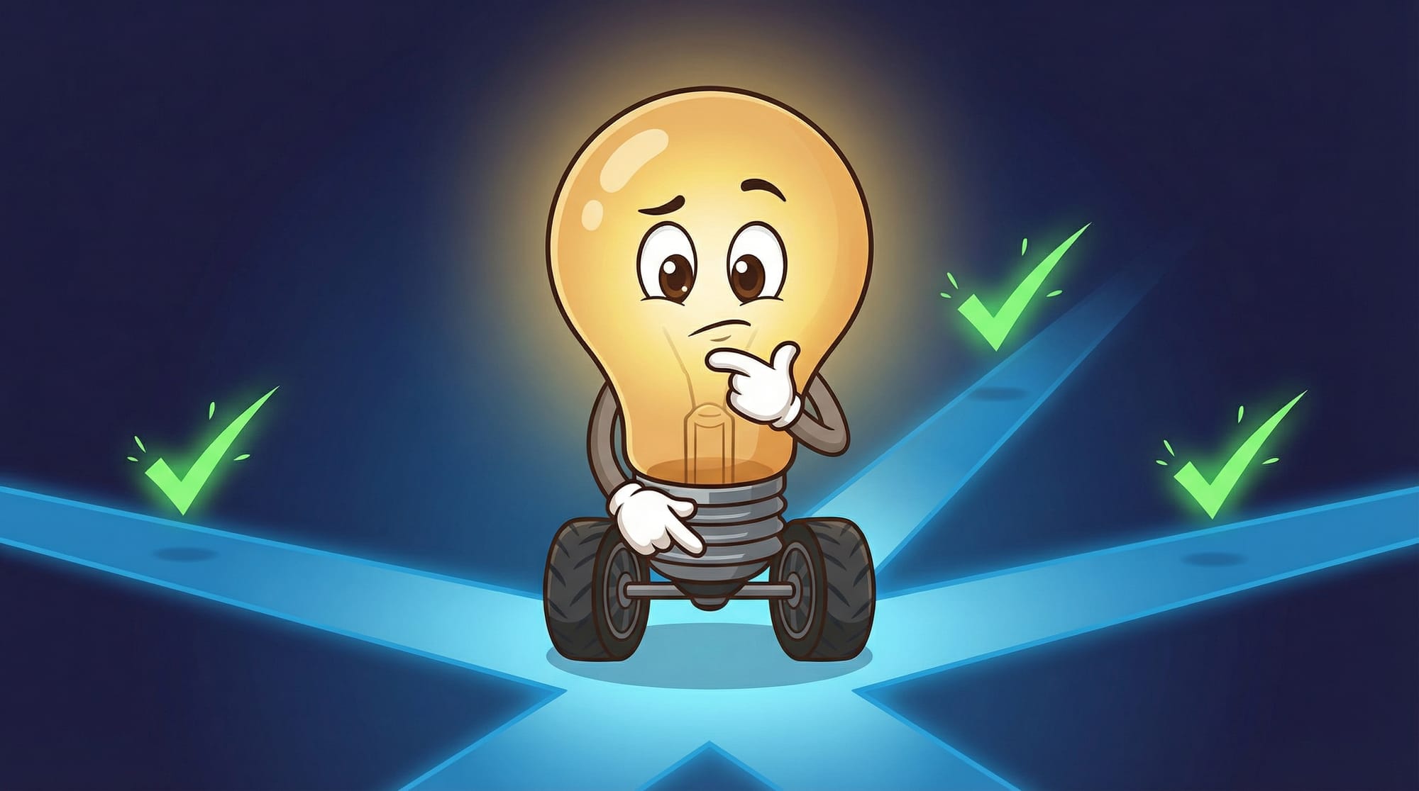 Flick the lightbulb mascot thoughtfully considers three glowing blue paths at a crossroads, one gloved hand on chin, the o...