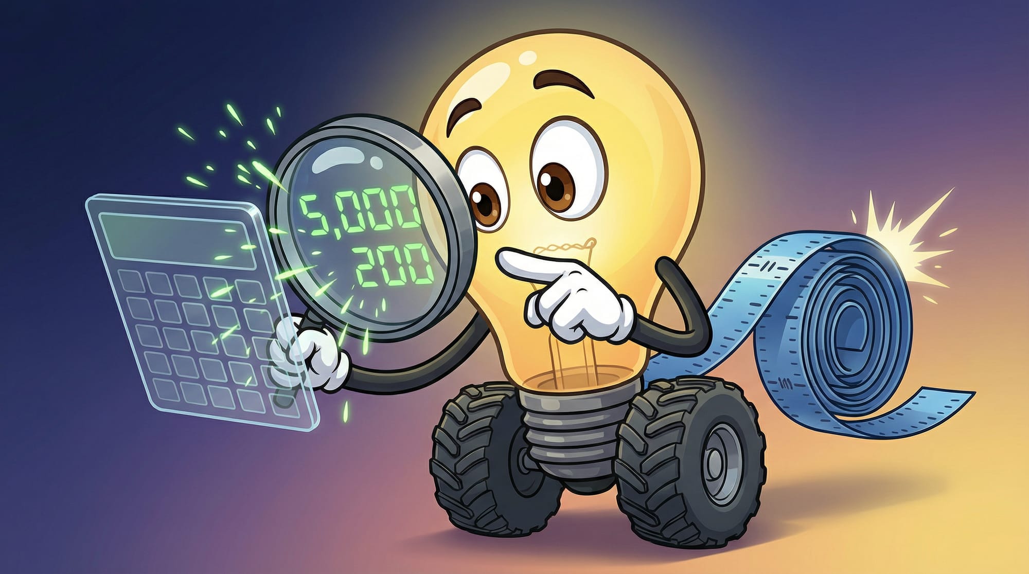 Flick the lightbulb mascot examines a calculator with magnifying glass, pointing at green dollar and time figures on wheels.