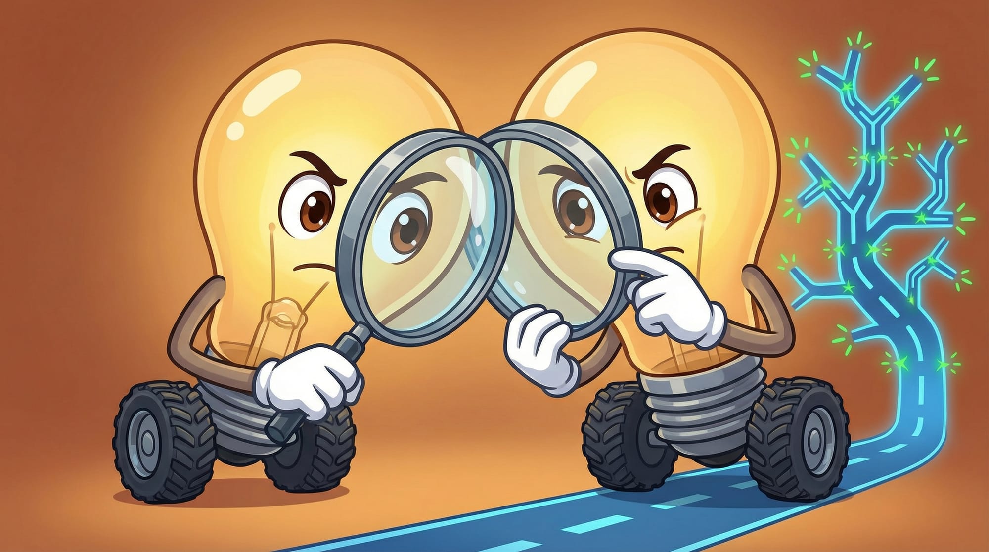 Flick the lightbulb mascot examines a glowing blue decision tree through a magnifying glass, brown eyes narrowed in concen...