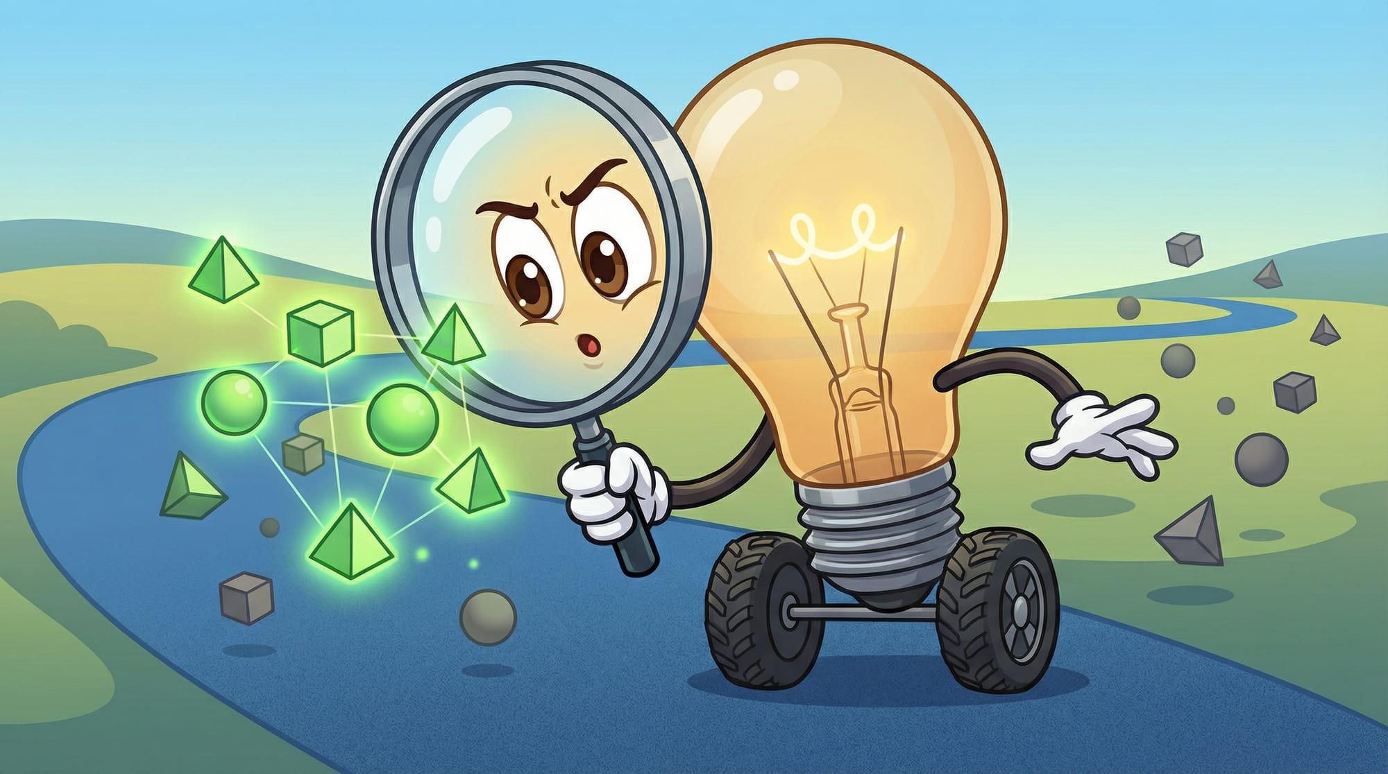 Flick the lightbulb mascot leans forward with narrowed eyes, examining floating geometric shapes through an oversized magn...