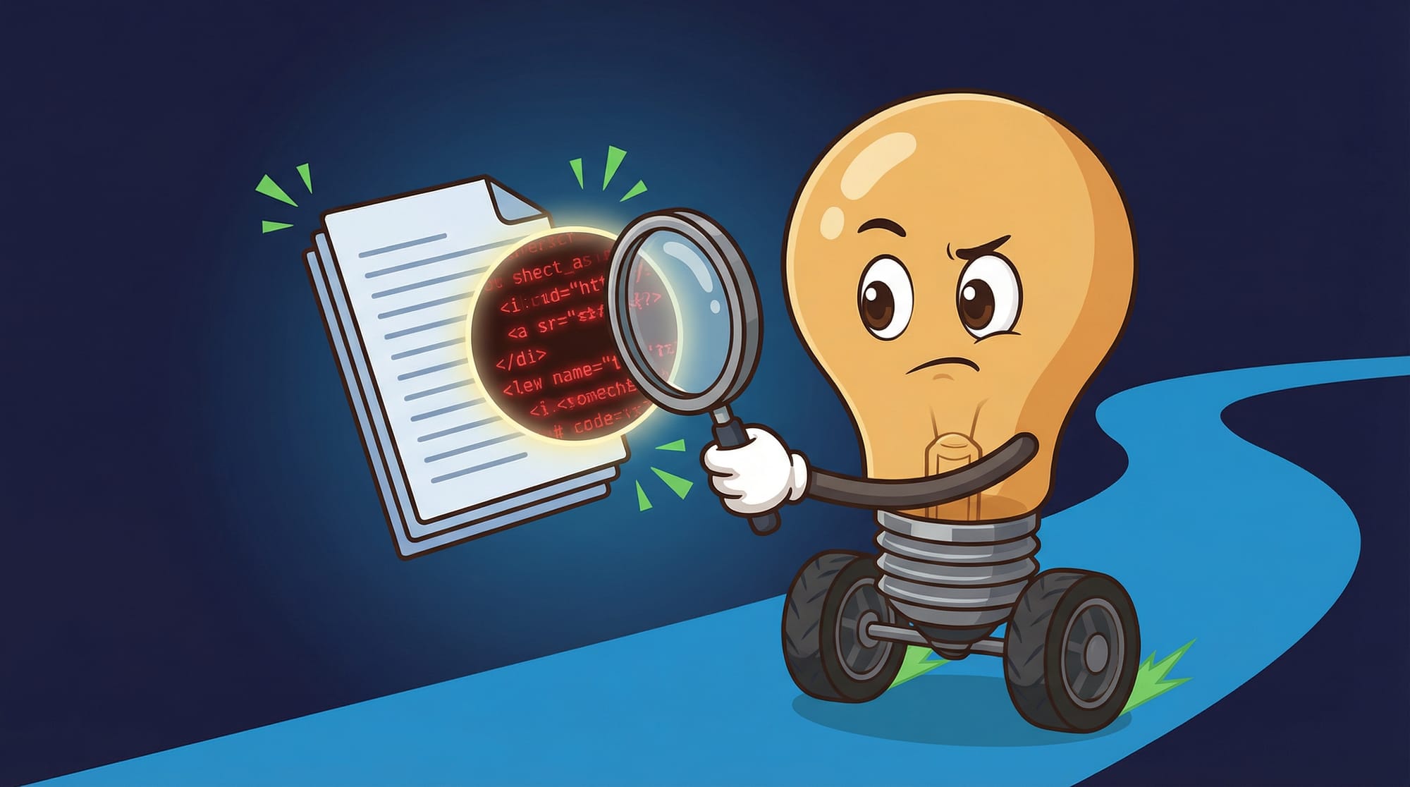 Flick the lightbulb mascot rolls cautiously on a blue path, magnifying glass revealing hidden red text in a document, eyes...