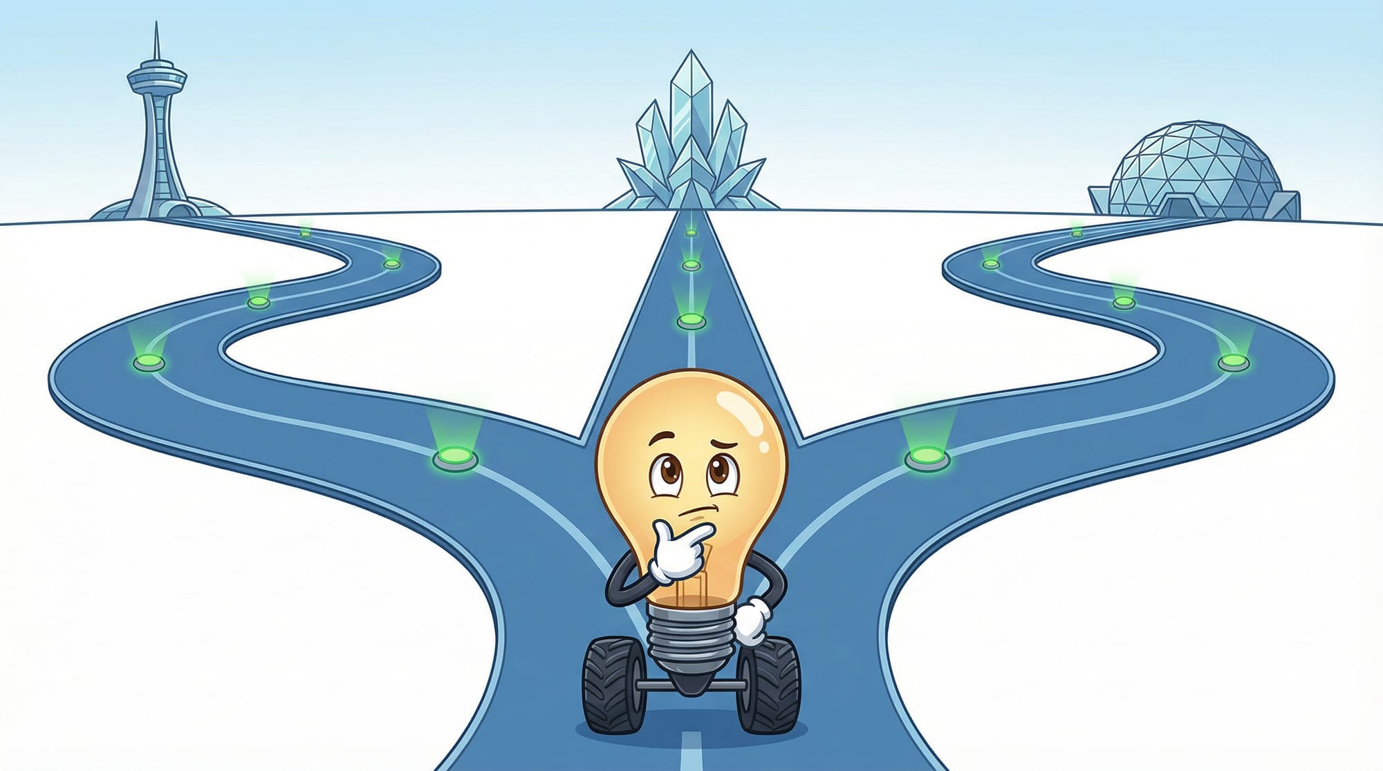 Flick the lightbulb mascot stands at a three-way junction, gloved hand on chin, thoughtfully surveying three paths leading...