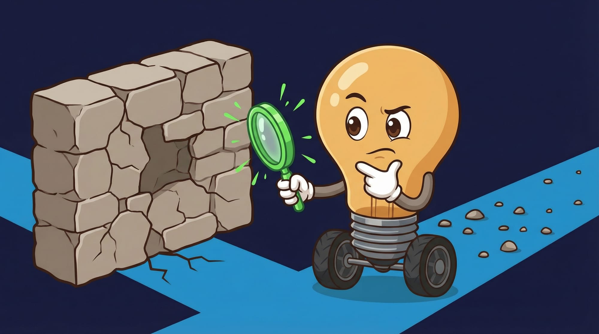 Flick the lightbulb mascot examines a cracked wall blocking one path with a magnifying glass, weighing which route to take.