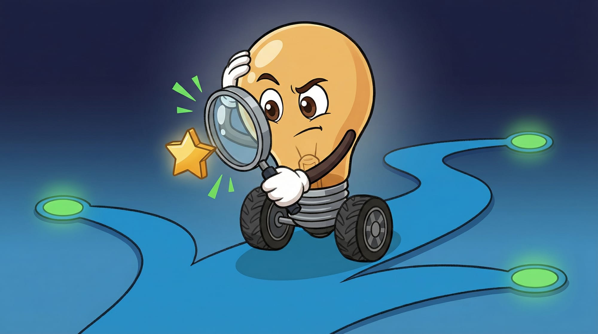 Flick the lightbulb mascot examines a star icon with a magnifying glass, rolling on a branching blue road with four glowin...