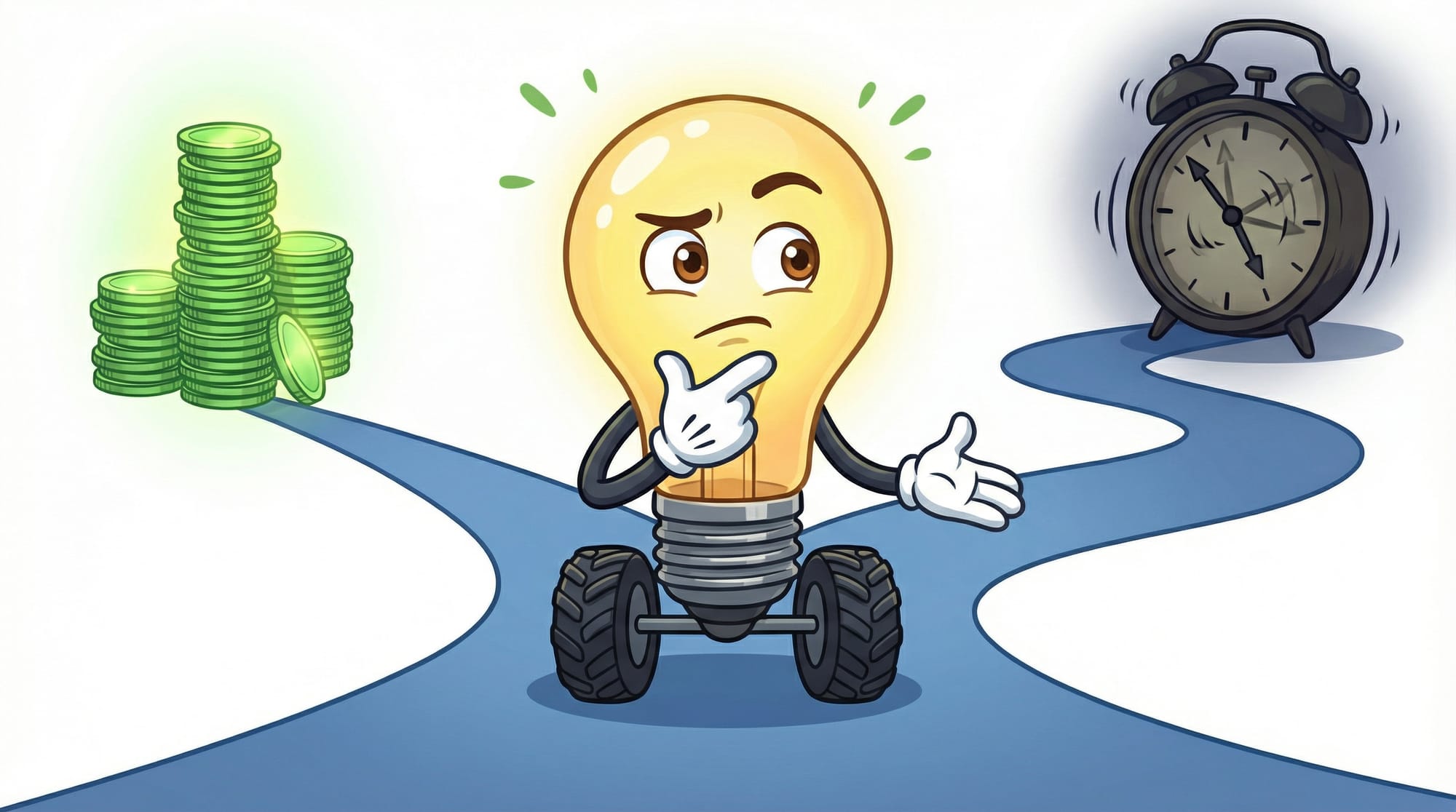 Flick the lightbulb mascot considers two paths at a fork—one leading to stacked coins, the other to a spinning clock—chin ...
