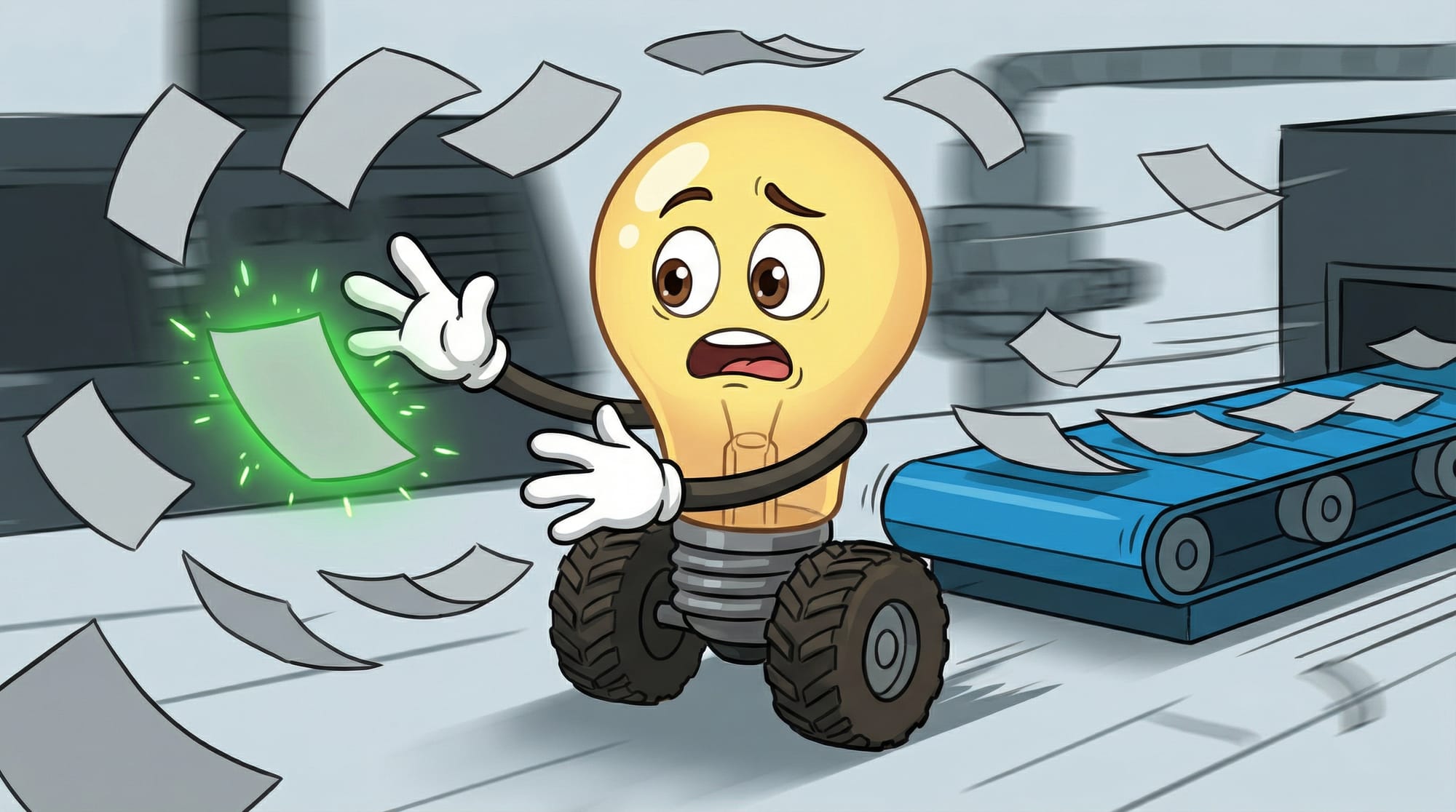 Flick the lightbulb mascot rushes forward on wheels, reaching for glowing paper among duplicates flying from a blue convey...