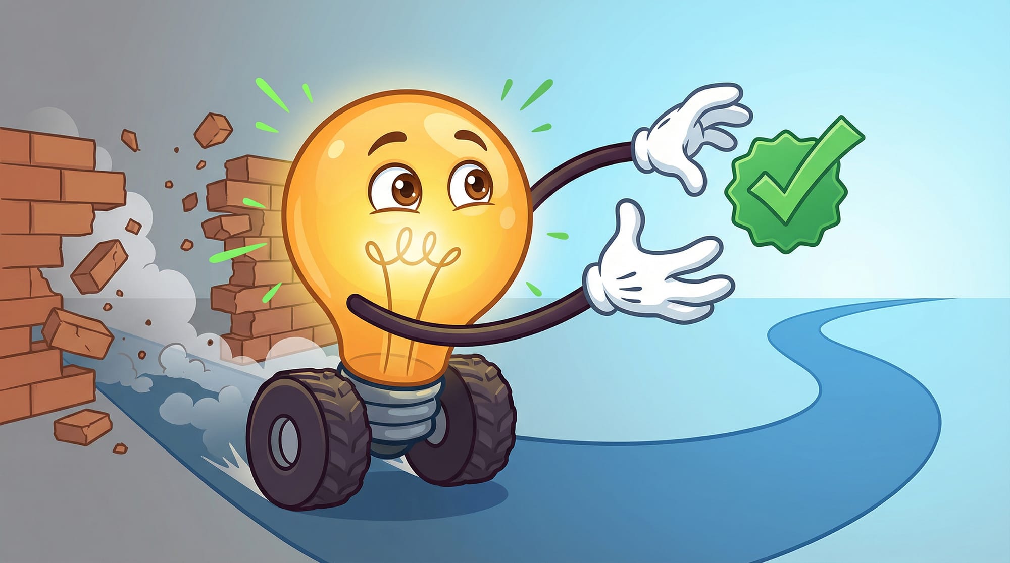 Flick the lightbulb mascot races eagerly on wheels toward a green checkmark, gloved hands outstretched, as a brick wall cr...