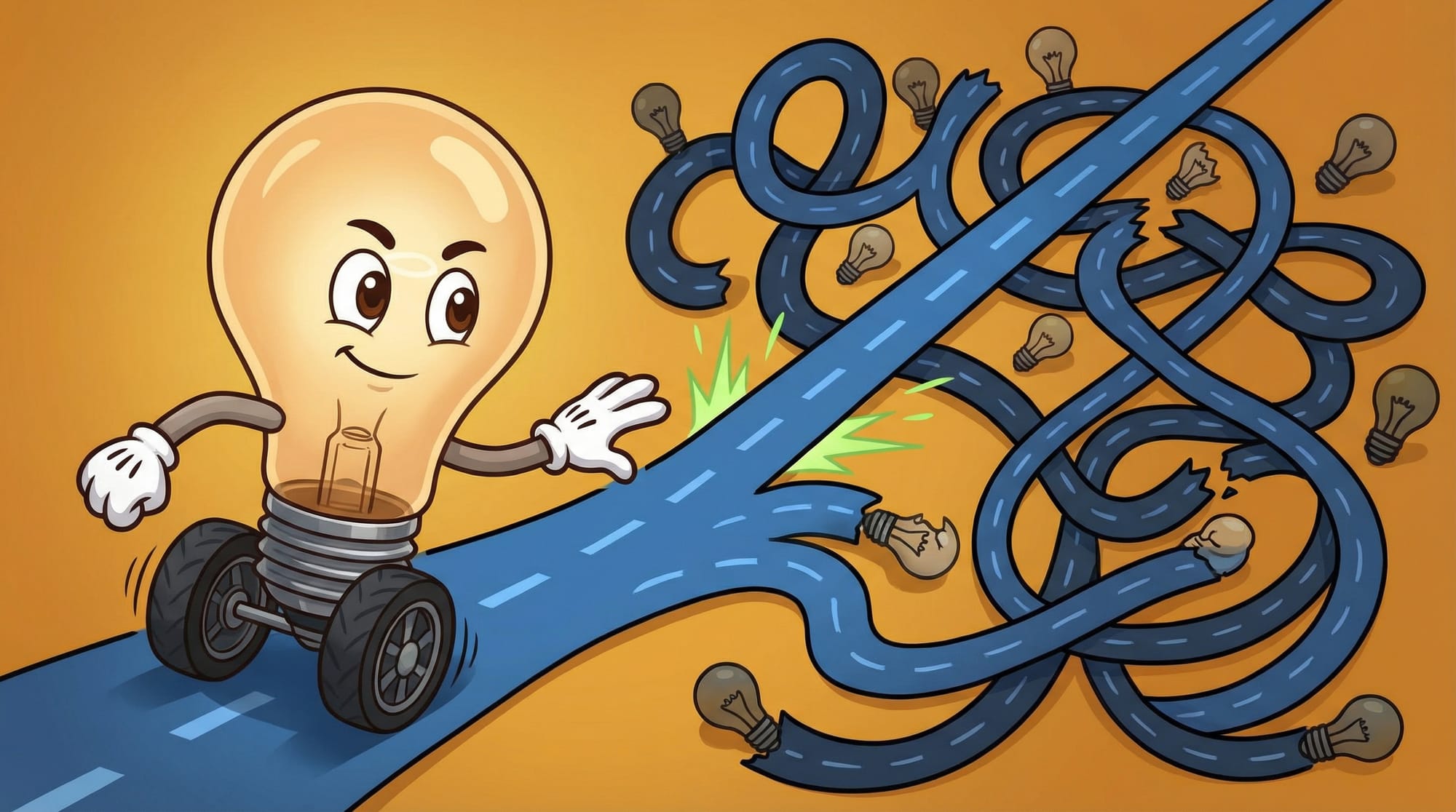 Flick the lightbulb mascot races forward with determined eyes, reaching toward a clear green path through a chaotic maze o...